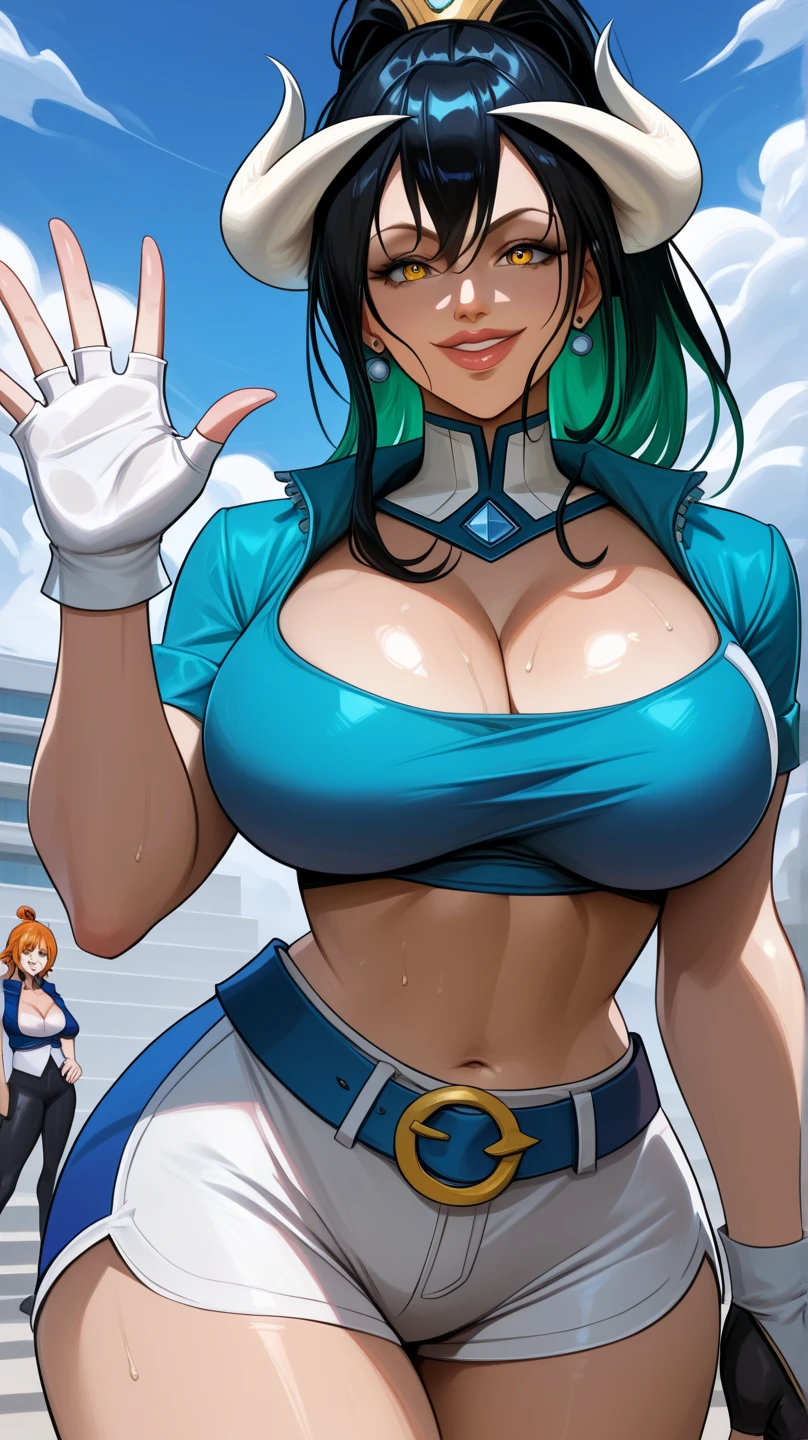 8K,　Tarot Cards, (Female martial artist), Super beauty (Like the real thing)　Blue ponytail　a matural female　Sexy white and blue martial arts suit　White and blue trousers　Blue Leg Armor　 Round table for food and beer　Lots of dishes　enticing　超A high resolution　real looking skin　A smile　sexy chest