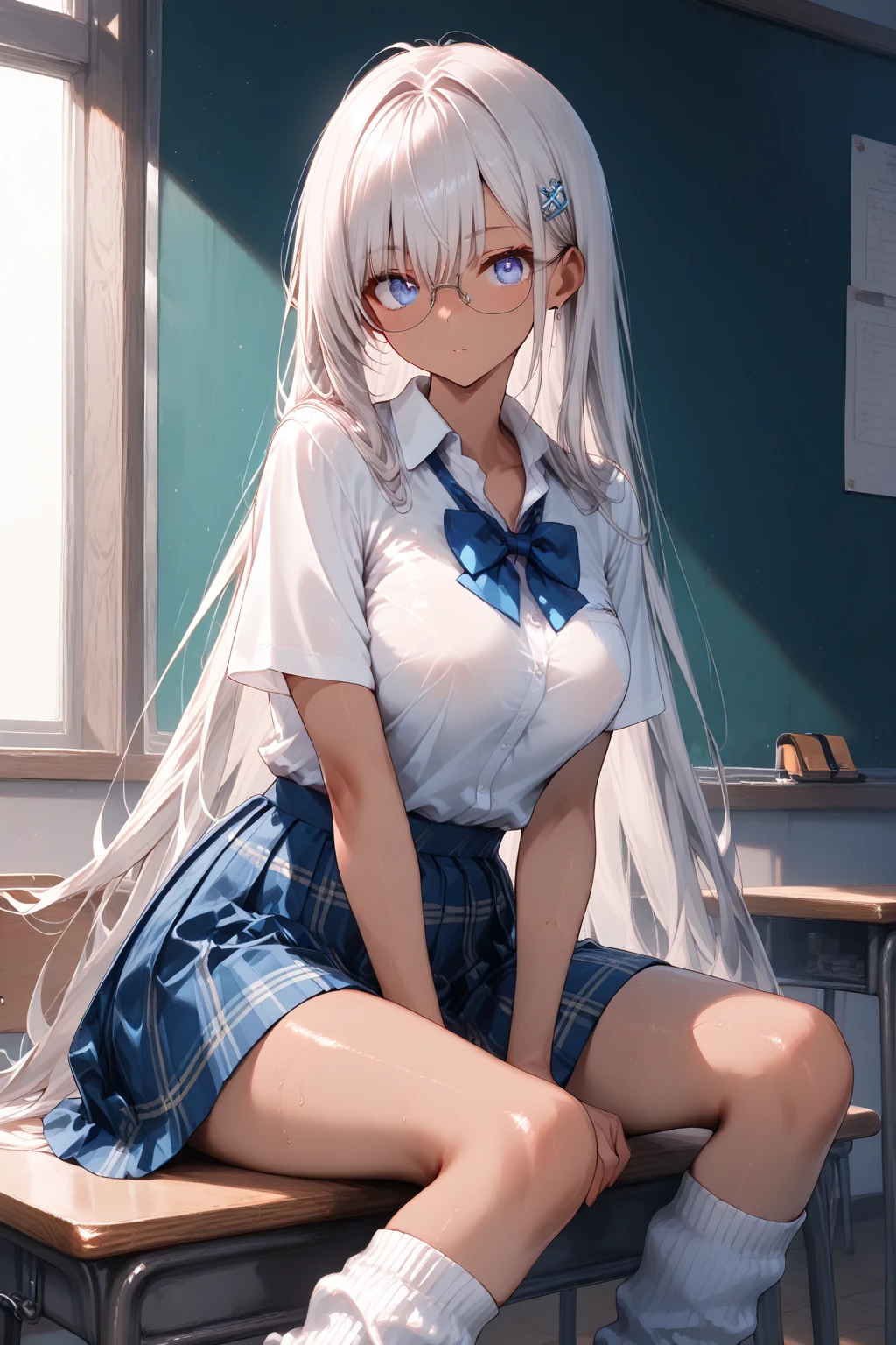 Dynamic posing, dynamic angle, Arrange pose,Top quality work,Show Legs,((long white hair)),(white hair),(golden-red eyes), ( 16 years old), Rose cheeks, Pretty Face, A perfectly proportioned face, school shirt with red bow and black skirt, (school uniform), white stockings,in classroom,full-body view, amazing, 、Beautiful eye details、Beautiful eyelashes、beautiful double eyelid, with blush cheeks, talking to viewer, anime vtuber full body model, casual real life