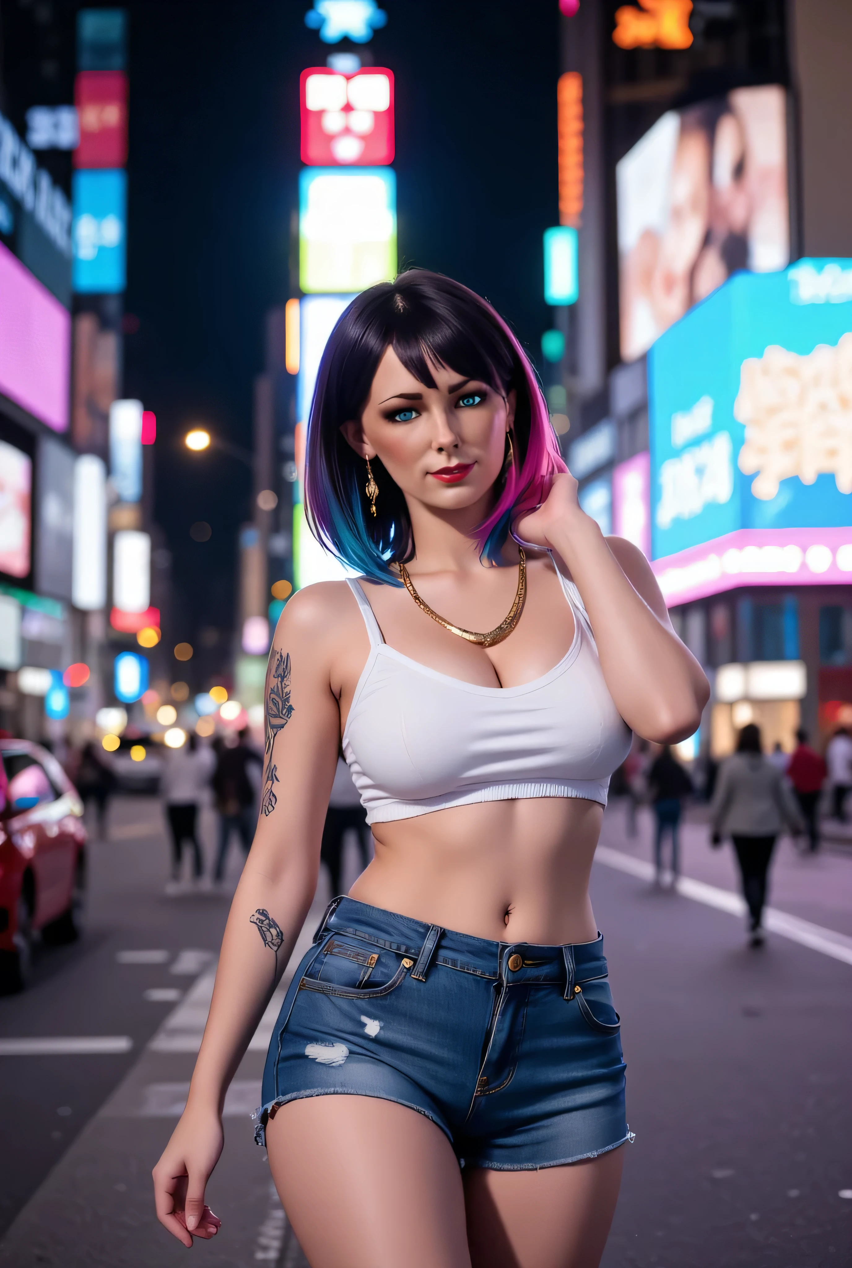 Realiy,Beautuful Women, plumw,tokyo city at night, pink hair, blue eyes, Height 180 cm, full body, ((fake Huge chest on the verge of bursting:1.0, Sharp Focus, gigantic cleavage:0.9)), (embarrassing smile:0.9, Totally captivates you:0.9), protruding areolas.