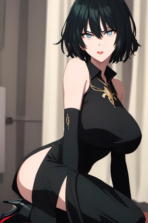 masterpiece,best quality,1girl,,mikasa ackerman,short hair between eyes,black dress,mature woman,medium breasts,looking at viewer,short hair,standing,cleavage