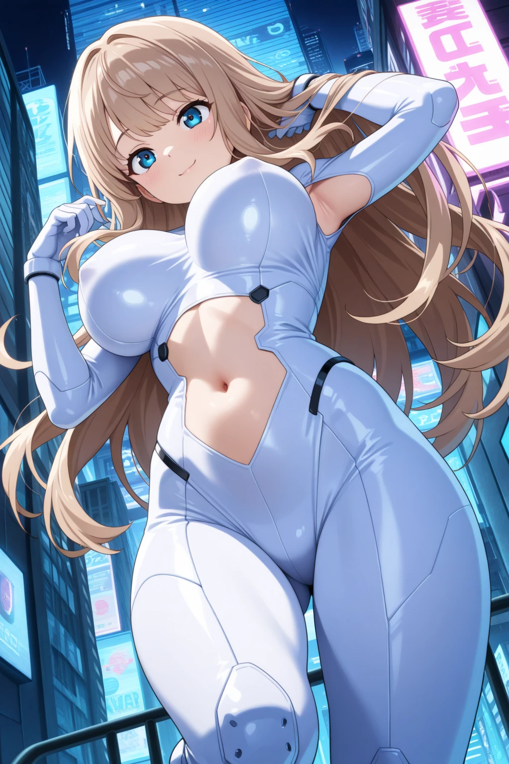 anime style, 2d, anime screencap, 1girl, blonde hair, long hair, futuristic, science-fiction, serious, white bodysuit, bodysuit, electricity, large breasts, breasts, wide hips, thick thighs, pantyhose, green eyes, tech, thigh strap, hair ornament, ornament, headphones, headset, machinery, arm cannon, tech, neon trim, hourglass figure