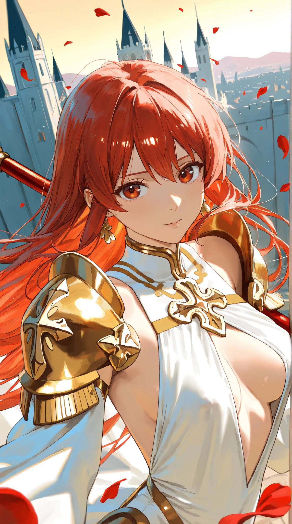 Gold Armor, 4K image, assembly, best quality, masterpiece, movie lighting ，Sexy，Large Breasts，Cleavage，action，In battle，Cleavage，Smile，noble，light beam from hand，Golden lightning surrounds，Red hair，Ponytail hairstyle，Saint Seiya Leo Aiolia，Blink，Lipstick，High purchase price