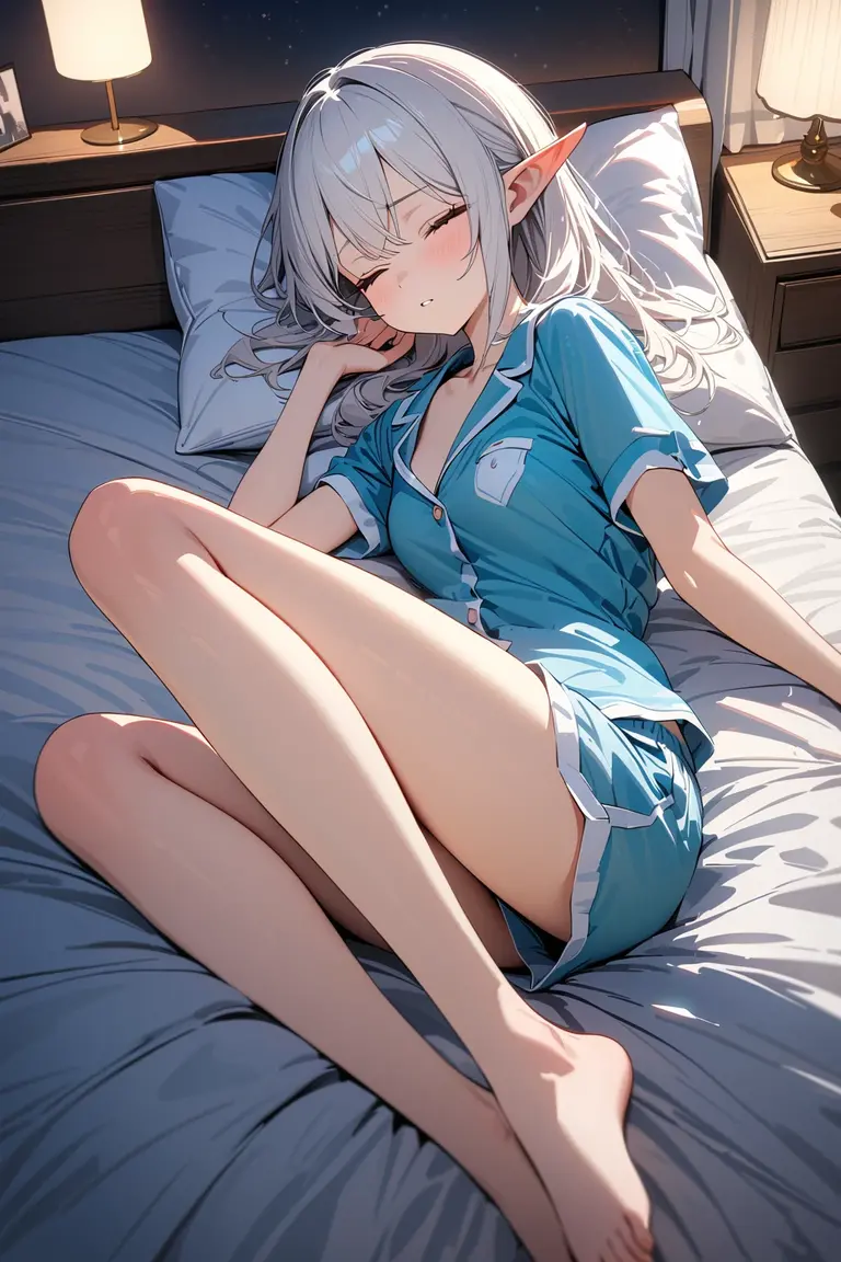 (masterpiece, best quality:1.5), (ultra detailed, high resolution, 8k, beautiful detailed, UHD, best anatomy), white hair, very flat breasts, 1 attractive elf, barefoot, bed room, night, Lying on the bed, asleep, Both eyes closed, Pajamas with short sleeves and short pants, An expression of relief