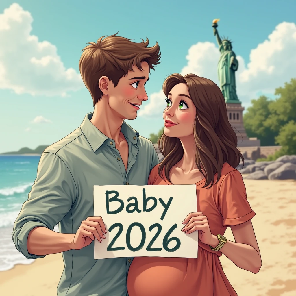 Animated white skin beautiful girl fashionable pregnant , a pair of short curly haired boys hugging a black haired chihuahua dog, along with a tall man with a black beard wearing reading glasses , Nike flat cap and sport shirt Nike shoes with USA flag background on the back