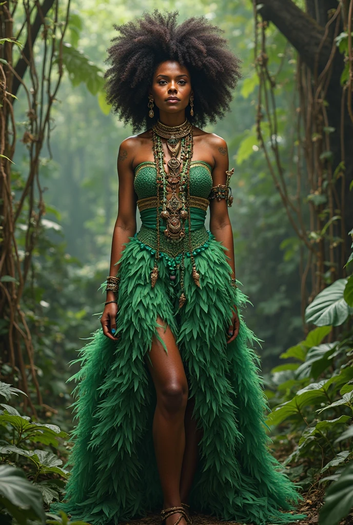(8k, fotos RAW, mais alta qualidade, obra-prima: 1.2). (Realista, Fotorrealista: 1,37). Afrofuturistic mid age QUEEN wearing a dress made of strawn, strawn, jungle