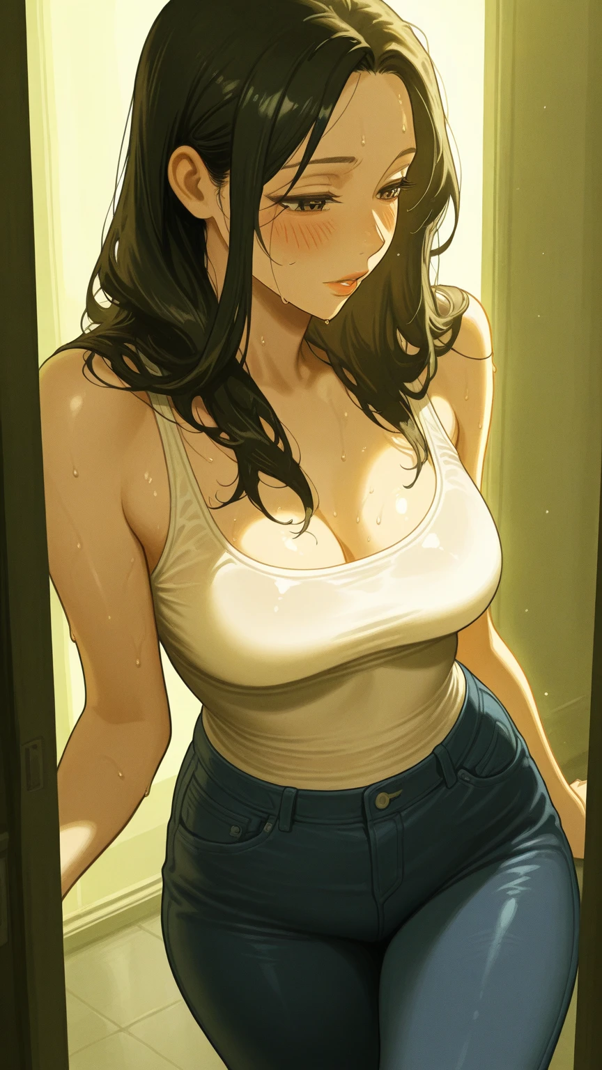 best quality, masterpiece, girl, black hair, black eyes, white T-shirt, shorts, mole under eye, evil smile, textured skin, 16k, highres, big breasts --auto --s2