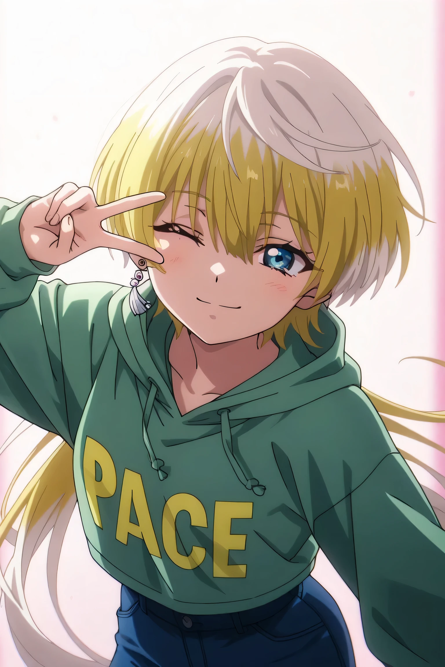 tenka izumo, solo girl, Anime style, short hair, multicolored hair, white hair, blonde hair, blue eyes, hair between eyes, single earring, green cropped hoodie, blue shorts, Cute anime girl with straight long hair, winking with one eye closed, making a V-sign (peace sign) with fingers over her open eye, smiling gently, wearing cozy clothes, soft pastel lighting, close-up portrait style