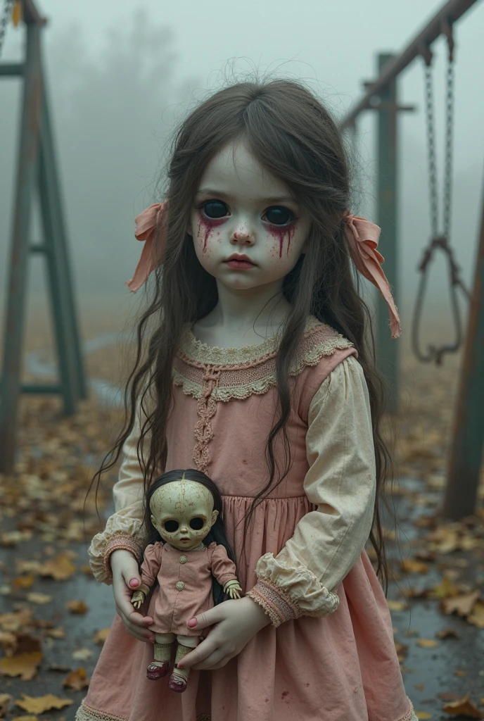 ((Best quality: 0.8)) ((perfect)) 1girl, child, long hair, dark brown, blue eyes,Of course yellow dress, blood stains, fair skin, face covered in blood, torn white socks, a white teddy bear, gray background, cute, blood face, blood.