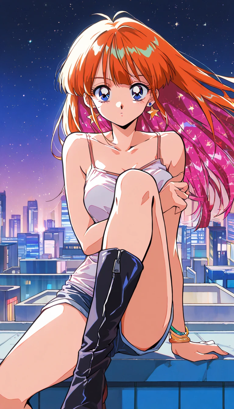 (beautiful girl : 1.3),1 girl,(camisole,bracelet,earrings,boots),Colorful Hair,long hair,No expression,star,Night Sky,Skyscrapers,Martial arts poses, cubism background,rooftop,overlooking the city,(90s Anime Style,Cel animation,Retro Color Grading,Soft noise,light film grain),masterpiece,top quality,Rich Contrasts,High Definition,8k,high definition CG unit wallpaper,Textures,unbelievably absurd,RAW pictures,Deep Border 1 .2,very detailed