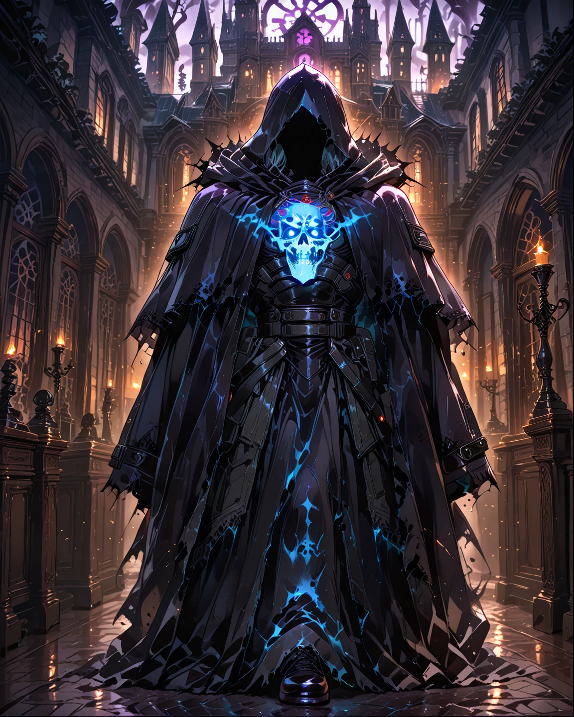 Striking illustration of the Angel of Death., A mysterious and ethereal figure who guards the threshold between life and death.. His presence is enigmatic and powerful...., con alas inmensas que se extienden hacia el horizonte y una mirada penetrante que transmite serenidad y temor. He uses cool tones and deep shadows to emphasize his ethereal nature and his connection to the realm of death......(dark lighting), ( ethereal lighting),(Spectral illumination)