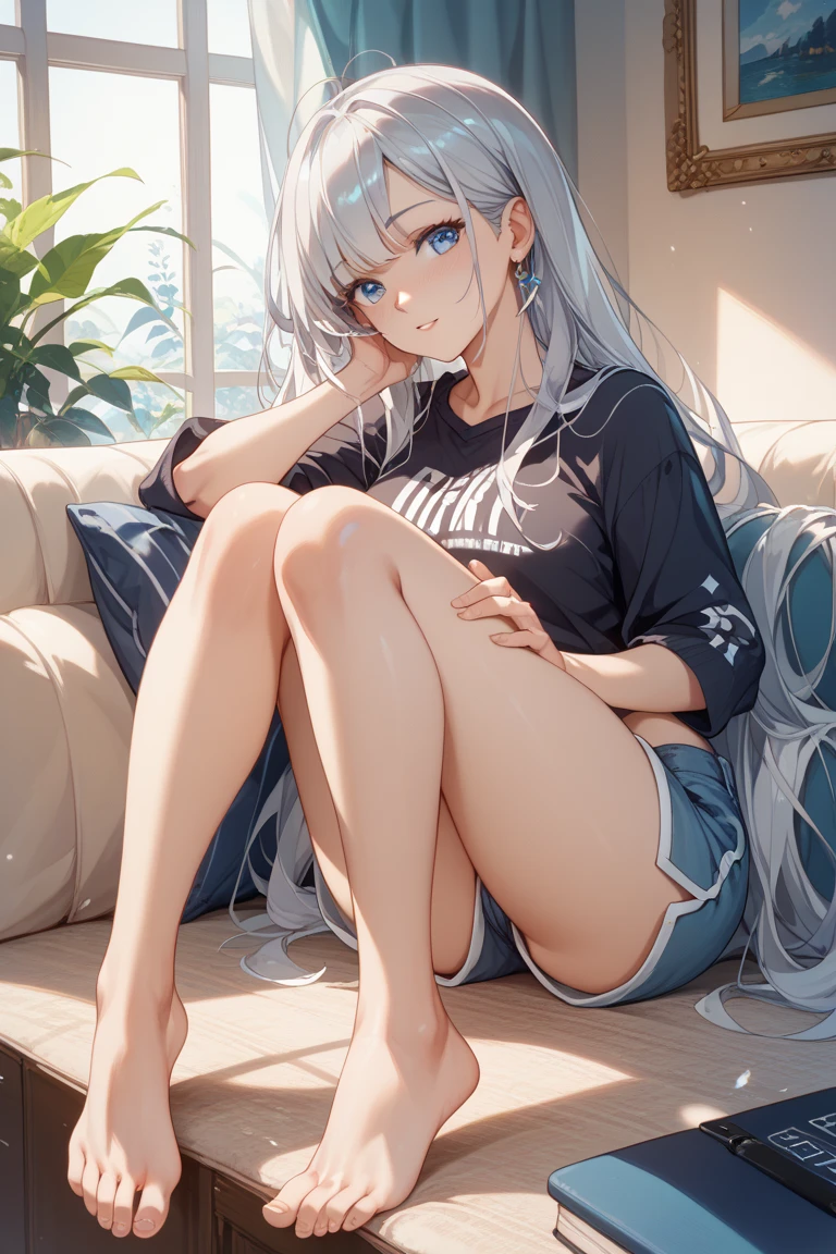 (masterpiece:1.4、top-quality、illustration:,realistic、)、(character focus、,full body:1.3)、(1girl),(light smile:1.3),(),cute face,blue eyes、(tareme:1.3)、((sitting stretch your legs:1.3),
(),(sitting,lean against the wall:1.4),、
(white hair),(long hair:1.5)、
,(her room:1.3),(Room wear:1.5),
(blunt bangs),(sidelocks:1.3), (small breasts:1.2)、
、slender、