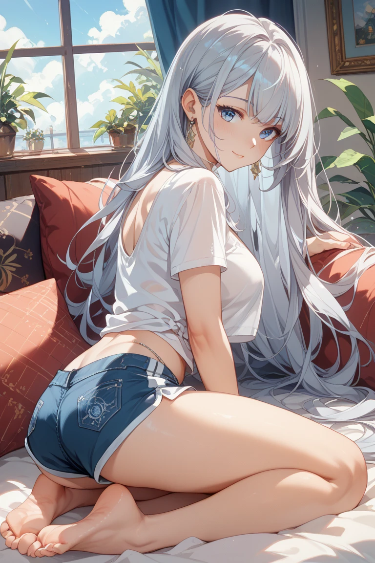 highest quality、Elementary school student bra、Beige shorts、Cute appearance、Stretch your legs in the room、Armpit sweat、Grass、Ecstasy face,(Attractive person), (girl1name), (Highly detailed face, smile) ,, (日本のgirl), Slightly round face, (Tan brown face:1.6), cute, Big eyes、2D,highest quality,(masterpiece),(((whole bodyが映る))),(((whole body))),(extra long hair:1.6),(bangs:1.3),((White hair)),Healthy brown skin,((Denim hot pants)),Leather Belt,Pink-Tank Top,Shining bare feet,barefoot,Beautiful brown eyes,Attractive thighs,Sloppy body type,Bedroom,get drunk,Upward glance,cheeks are bright red,あざとcute,Sleeping face like an angel,Erotic look,whole bodyに汗の大きな滴,humid,Waistline、My Room、(Sleeping on your stomach:1.1),(Angle shot from directly above:1.2),Poses that accentuate the buttocks,Angle to emphasize the buttocks,Sole