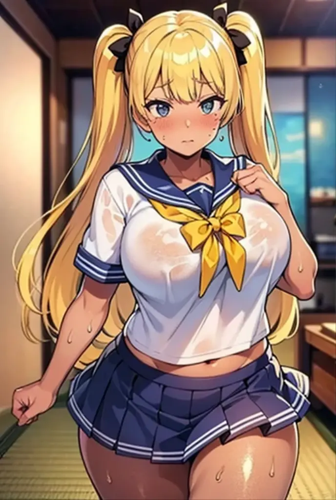 highest quality,wonderful,finely,extremely detailed CG Unity 8K wallpaper, (1 girl,blonde, yellow eyes, low ponytail, Scrunchie, earrings、evil smile), (grin and laugh:1.1), ((brown skin:1.2), (huge breasts:1.1),(sailor uniform:1.3), (bra lift:1.2), (zettai ryouiki:1.4)