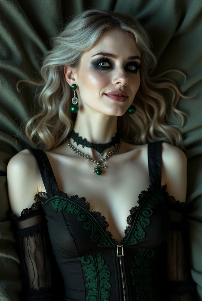 ((a photorealistic glamour shot of an exquisite, glamour female vampire: 1.5)), ((full body: 1.3)), ultra feminine, pale face, blond hair, long vibrant shiny hair, glamorous hair, emerald green eyes, deep penetrating eyes, red lips, lustful lips, ((two visible vampiric fangs: 1.5), drops of blood dripping from the mouth, ((1950's style: 1.5)), she wears white elegant glamour dress, intricate details, the dress is studded with diamonds, tight suit, dynamic color, high heels, dynamic background, (highest quality:1.2, Very detailed, up to date, Vibrant, Ultra-high resolution, High Contrast, masterpiece:1.2, highest quality, Best aesthetics), best details, best quality, highres, ultra wide angle, 16k, [ultra detailed], masterpiece, best quality, (extremely detailed), Genetically modified..., Cinematic Hollywood Film, 