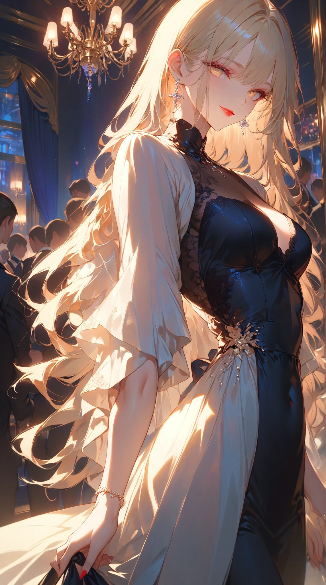 ((Best quality, 8k, Masterpiece: 1.3)), Sharp focus A beautiful woman with perfect body, Slim abdomen, A woman at a cocktail party wearing an elegant empire-line silk dress with lace embroidery on the bodice. She has a soft smile and striking red lipstick. Her long golden hair is loosely wavy and flows down to her waist. The dress looks refined and luxurious. The background shows a classy, warmly lit cocktail party setting with ambient lighting and a sophisticated atmosphere. High detail, soft lighting, cinematic, fashion photography style.