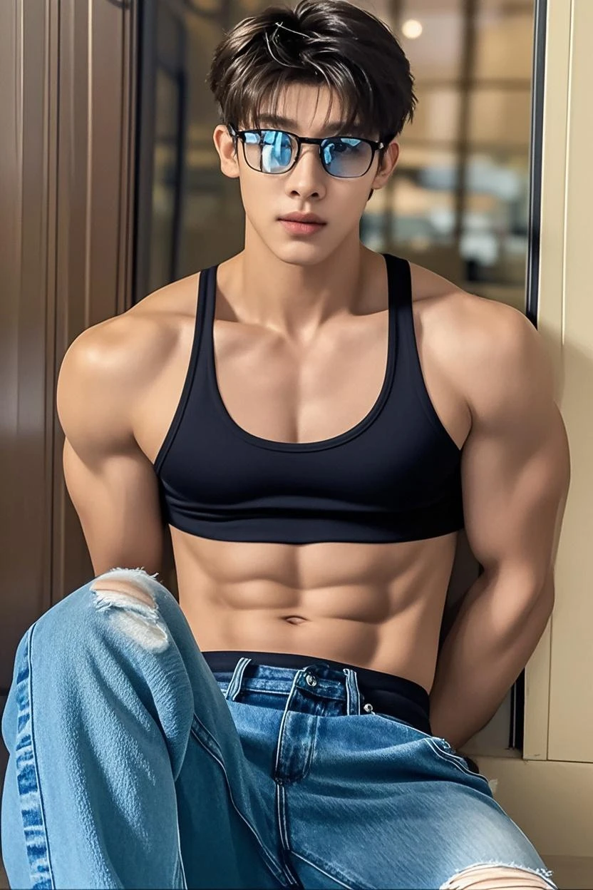 Handsome Asian boy, oval face, eyeglasses, neat muscular, hoodie jacket, black micro thong with big bulge, showing abs,