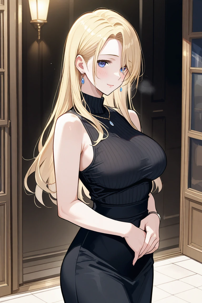 tall body, tall, long legs, mature female, mature, adult, simple background, indoors
 Eft_goblin_kaori, 1girl, blonde hair, long hair, solo, necklace, smile, red satin sparkling evening gown with slit, strapless, white satin opera gloves, upper body, parody, black eyes, hair between eyes, striped, grey eyes, blush, dark red lipstick, smoky eyeshadow
