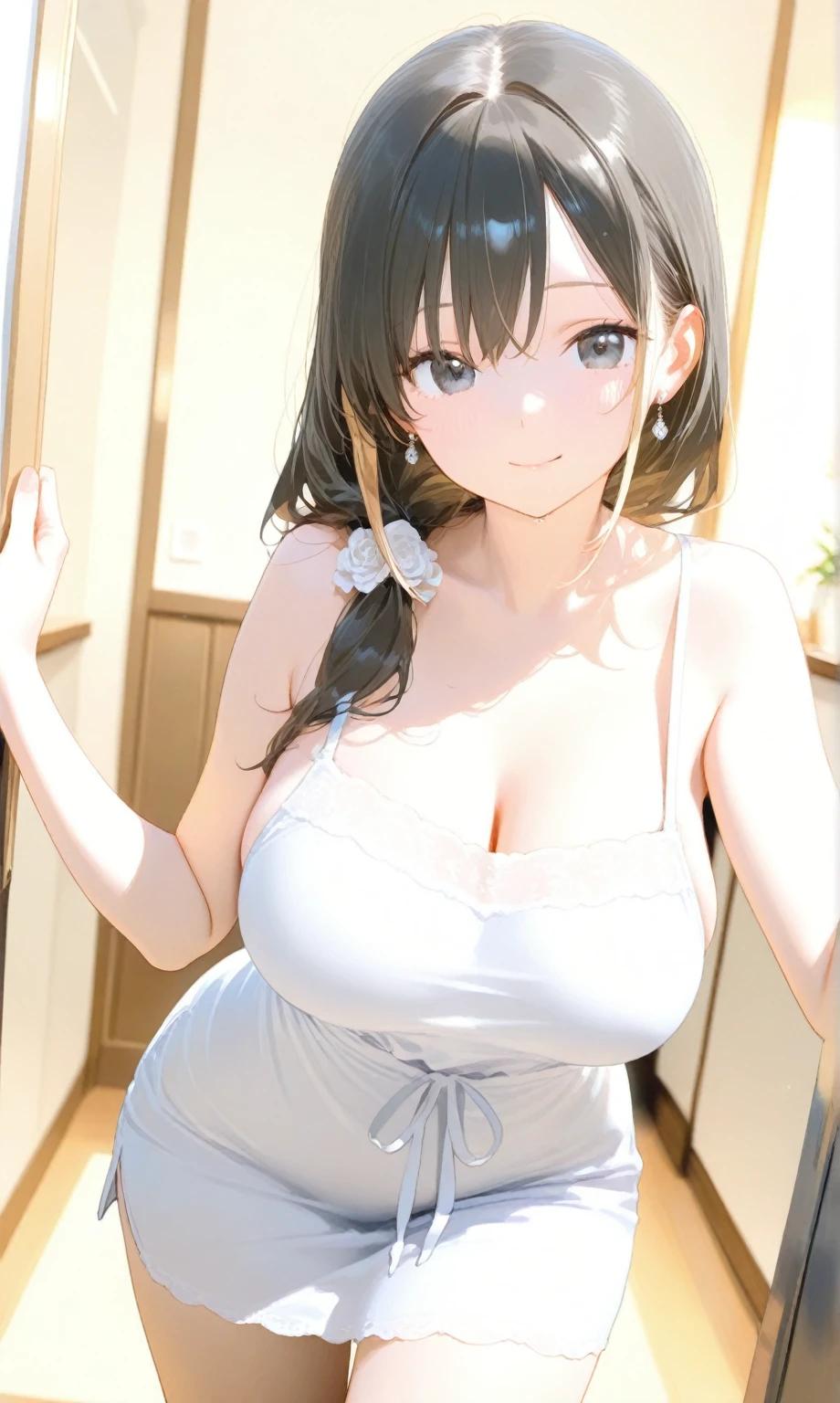(masterpiece), (best qualtiy), 8K, high detal, pov_doorway, 1girl, blush, looking_at_viewer, cleavage, (HONOKA), naked_apron, huge tits