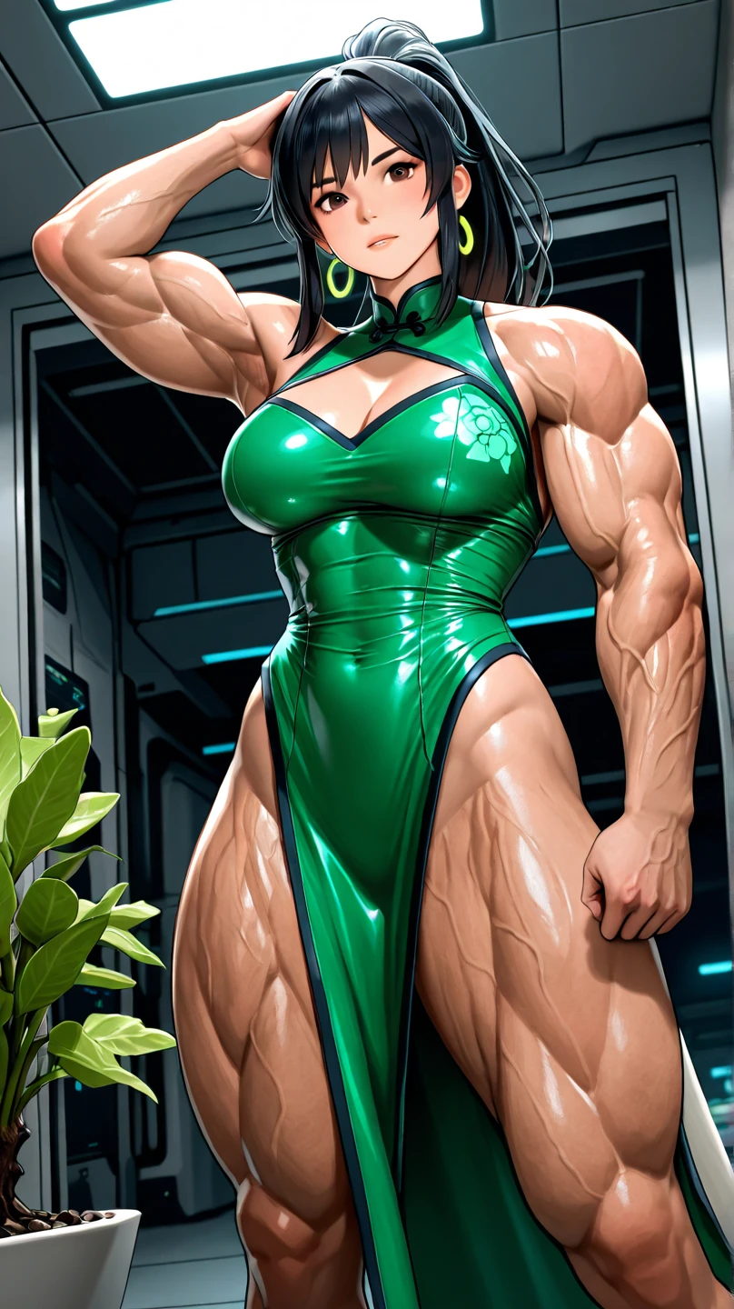 1girll, tmasterpiece, Best quality at best, 8K, detailed skin textures, Detailed cloth texture, Beautiful detailed face, intricately details, ultra - detailed, Hatsune Miku of the green skin of Iron Man Warframe, blue hairs, dynamicposes,Muscular female,Muscular,(Green skin)