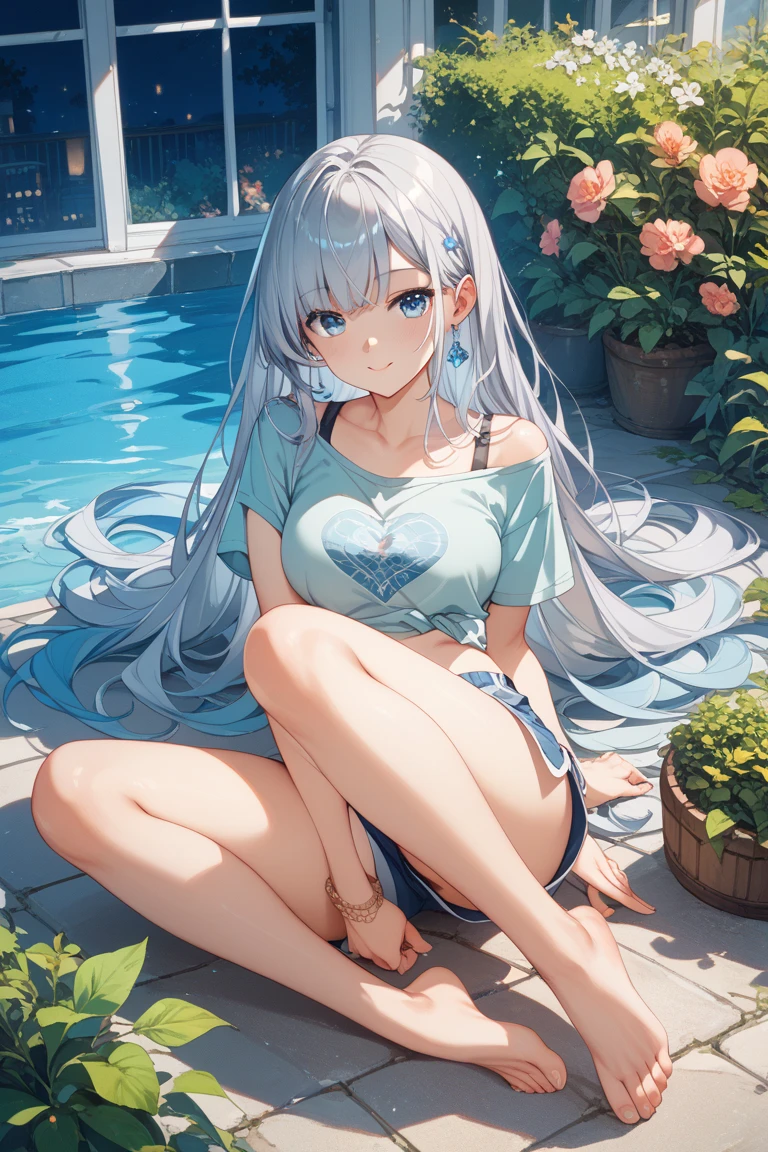 Highest quality,Masterpiece,Wet,See-through clothing,white underwear,soft hair,Star-like pearl decoration,Feeling embarrassed,slim and smooth legs,Kindergarten children,Wet and see-through shirt,The nipples are faintly visible