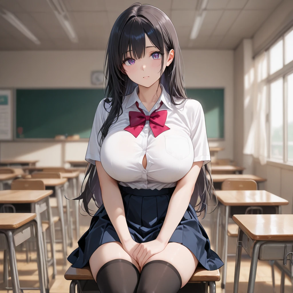 Evangelion student skirt male focus, ikari shinji Super huge big breasts breast enlargement long hair blush shy smile sitting alone in the classroom full-body shot illustration, ultra-detailed, HDR, vibrant colors, soft lighting