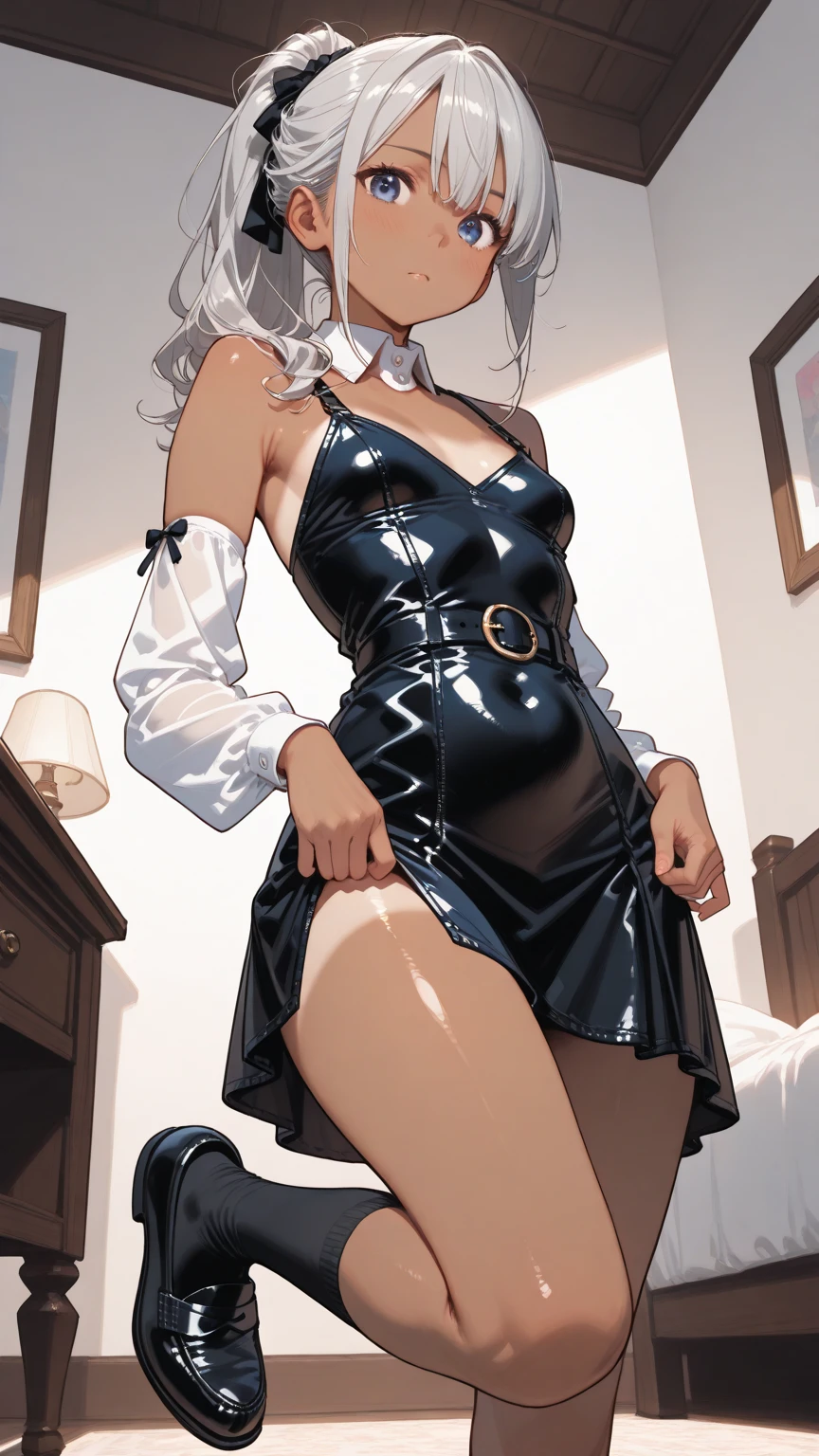 SFW, SLAVE FEMALE, Maid for sale. An African (very black skin) domestic worker for text "US dollar" full body, barefoot, standing straight symmetrical, huge boob(masterpiece, best quality:1.2), smirking smile, red blush, wet body, looking at viewer, hands on hips, twintails, twin drills, dress, blue pantyhose, striped pantyhose, Handcuffs on their hands, With a collar around the neck, slave catgirl ((black choker, shackles on legs and armedroom background (bed, pillow, sheet))