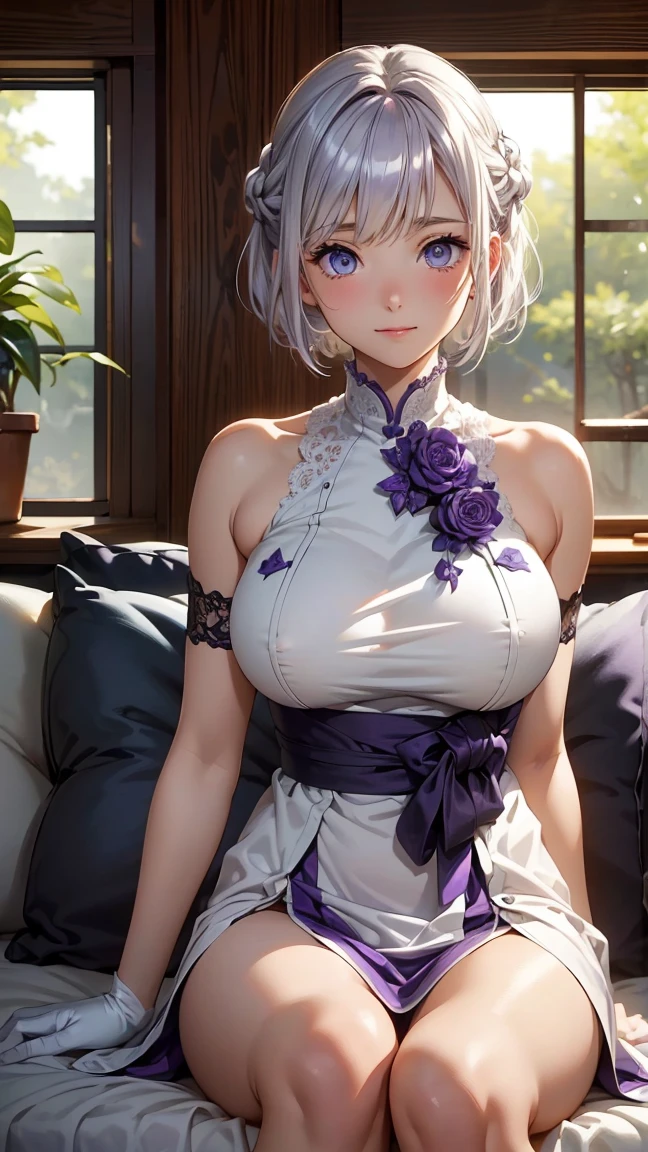 ((((masterpiece, best quality, high resolution)))), (1girl:1.5), white hair, purple eyes, short wavy hair, bob cut, (large breasts :1.2), blush, smile, glow, thighs, bare shoulders, collarbone, narrow waist, cleavage, (beautiful detailed face, beautiful detailed eyes), ((satin nightgown, thin material))