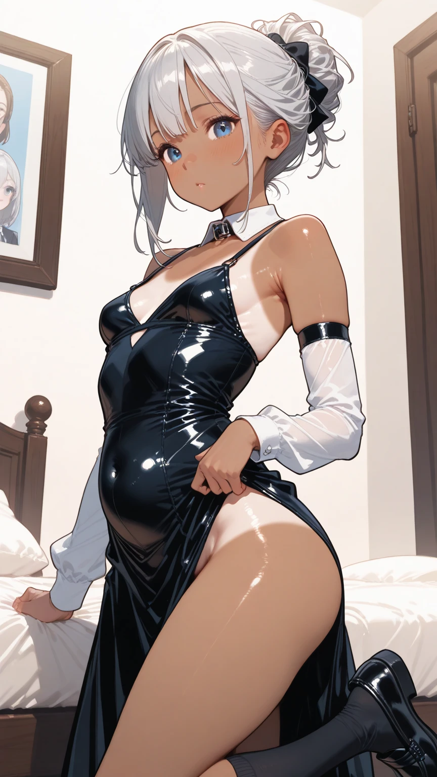 1 girl,masterpiece、beautiful lighting、Detailed beautiful face、Detailed beautiful eyes、hight resolution、Ultra-fine illustration、extremely delicate and beautiful、top-quality、The whole body is shown,(A MILF:1.7),30s、small tits、(Silvery hair:1.2、High Ponytail:1.5、Purple eyes)、(The eyes are detailed and beautiful、Kamimei),Curvaceous, (Kneeling:1.5)、A smile、(shinny hair, Glossy eyes, shinny skin), (glistning skin) 、(Recurve the body、up chest)、Armpit、raise arms、hands behind head、(gloves、elbowgloves)、Emphasis on the chest、Open legs、white thighhig、thick thight、(qipao dress:1.3、Sleeveless 、turtle neck)、(a short skirt:1.2)、Watch your audience、under the boobs、blushed、(white panty hose:1.3)、Blushing cheeks