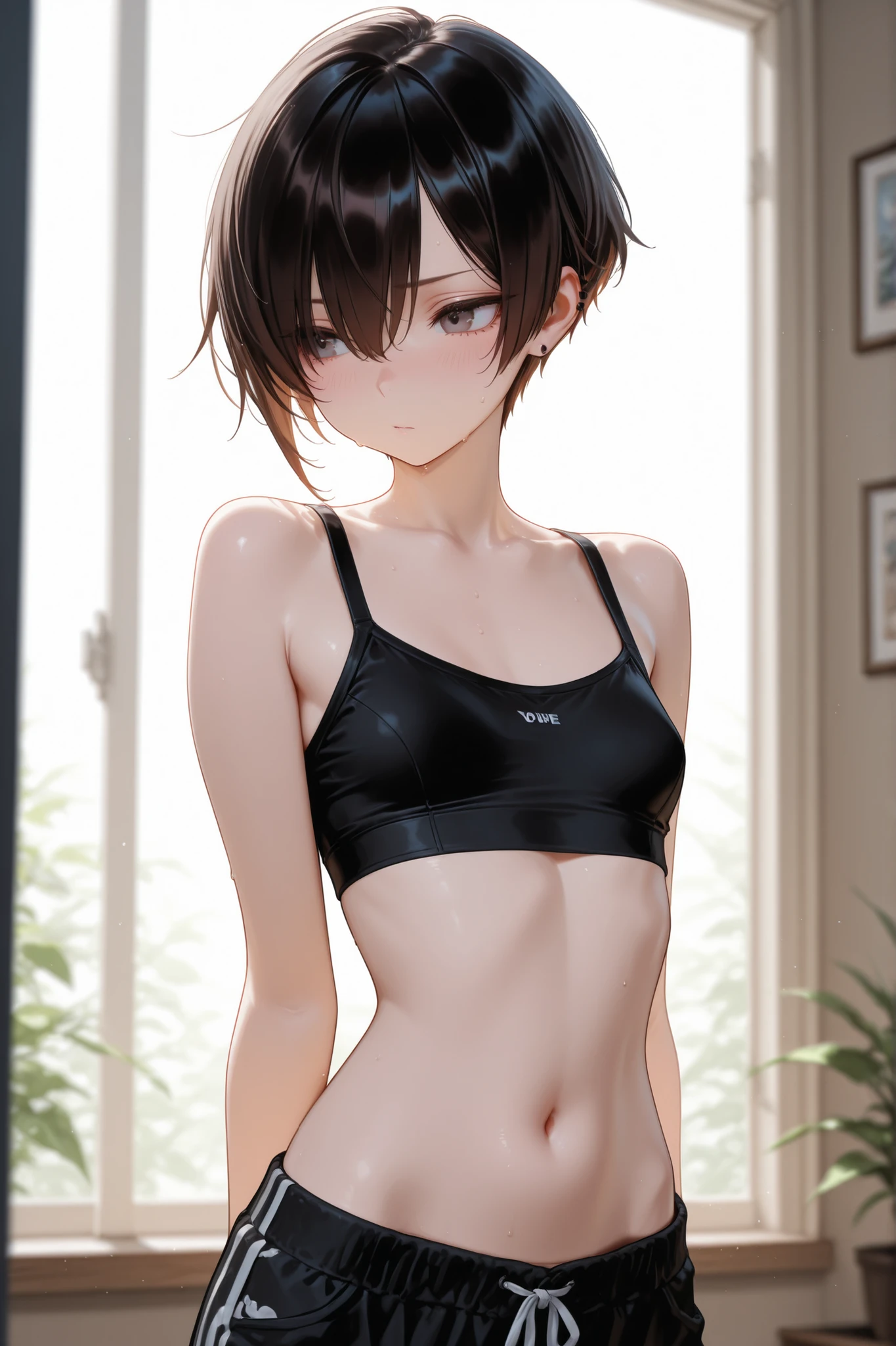 Highest quality、Realistic、woman、50th Generation、zoom、Orange eyes、short black hair、Tank top、Bikini Shorts、thin、Dark Skin、Inappropriate smile、Bedroom、Bust Shot、