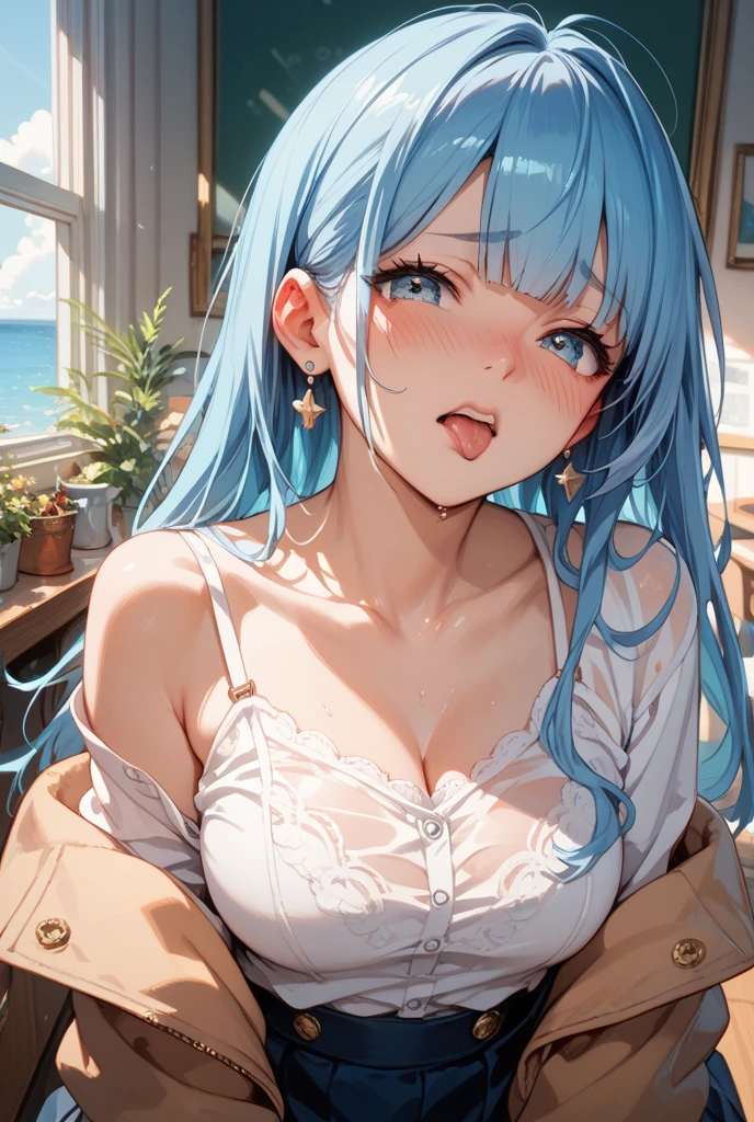 Character Details:, - Gender: 1 Girl. - Style: Anime, - Body Type: Attractive body, slim body, nice legs, slim tights, nice arms, nice shoulders. - Breast: (Small Breast:1.2), (Cleavage:1.1), (Nice Nipple:1.1), (Slime on body:1.4),. - Facial Feature: Beautiful, Gorgeous, Teenager, Fresh, Young. - Expression: Shy, Pink Blush on Face, Pink Tongue, Sexy Eyes, Sexy Look, (Sweating:1.4), Innocent Look, Tipsy. - Hairstyle: Blunt Bangs, Long Hair. - Hair Color: (Light Blue Hair:1.5), (Messy long Hair:1.3), - Clothing: (School Uniform:1.4), (Off-Shoulder:1.3),. - Body Pose: (bend over:1.4), (Hands on Knee:1.4),. - Behaviour: Waiting, Want Something, Secretly. - Accessories: Earrings, No Hair Accessories, Environmental Details:, - Setting: Bed Room., - Lighting: Natural Light., - Decoration: Modern Bed, Chair, Window, White Curtain, City View. Top view. pov, anime style, UHD, retina, masterpiece, accurate, anatomically correct, textured skin.