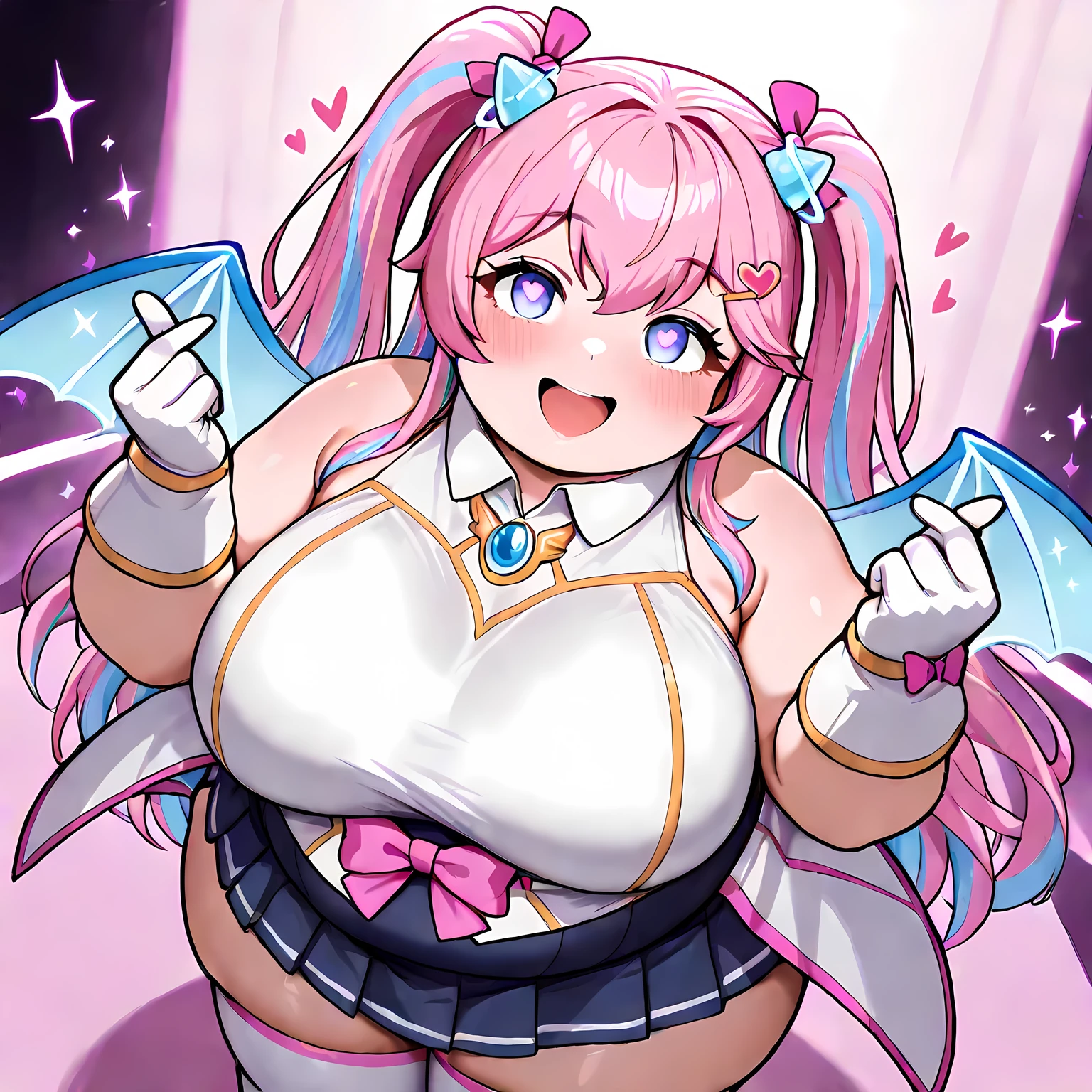 masterpiece、Highest quality、Highest quality、High resolution、8K,2.5D,woman、magical girl costume:1.2, vibrant pastel colors, sparkling accessories, flowing skirt:1.2, detailed lace and ribbons:1.2,Very large breasts、Very big ass、Very thick thighs、Embarrassed look、Laughs and Tears:1.1、Tight fitting outfit、Plump body:0.6、Shiny skin、Slimy skin、gravure、gravure、Looking into the camera、well-proportioned body、悪に堕ちたwoman、