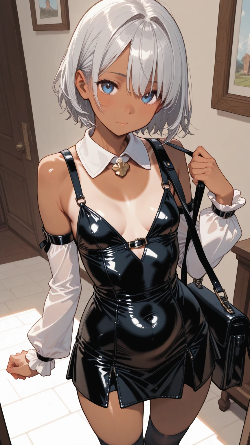 (masutepiece, Best Quality:1.2), Cowboy Shot, Solo, 1girl in, Kaho Hyuga, Smile, Looking at Viewer, holding tray, Twin-tailed, head scarf, woman samurai, frilld, Blue shirt, Waist apron, Puffy Short Sleeves, Blue skirt, thighs thighs thighs thighs, White Gloves, Hires, Best Quality, Official art, NSFW, best anatomy, Paiz+ilulu, 1girl in, hetero, white_hair, Dark_Room, 1boy, Yor, POV, jingle, breasts, cum in mouth, Male nude woman in clothes, Solo Focus, Uncensored, Indoors, nude, Long hair, Large breasts, POV crotch, pov hand, head grab