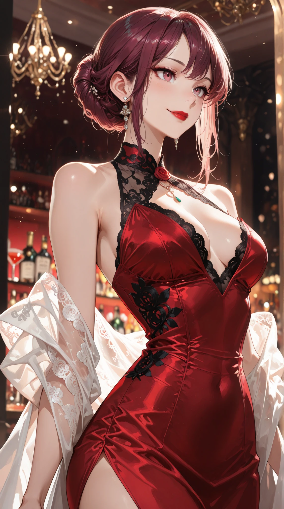 ((Best quality, 8k, Masterpiece: 1.3)), Sharp focus A beautiful woman with perfect body, Slim abdomen, A woman at a cocktail party wearing an elegant red empire-line silk dress with lace embroidery on the bodice. Her hair is a rich violet color, styled in a graceful chignon bun. She has a soft smile and wears vivid red lipstick. The dress looks refined and luxurious, flowing gracefully. The background shows a classy, warmly lit cocktail party with ambient lighting and a sophisticated atmosphere. High detail, soft lighting, cinematic, fashion photography style.