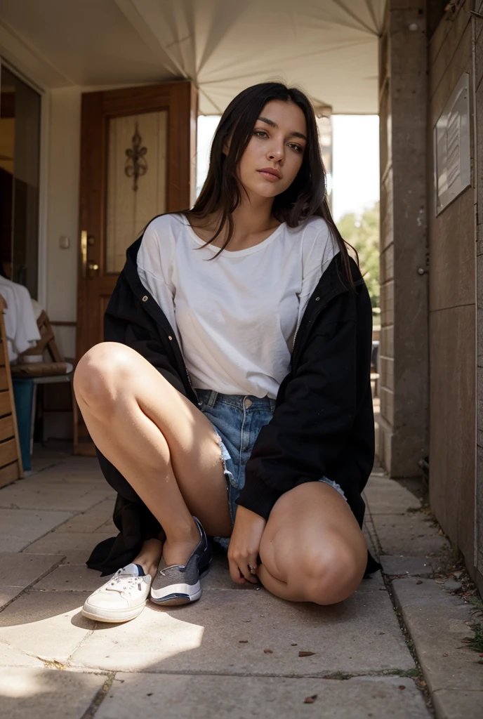 A Caucasian women from South Africa that is pretty and cute is around 1.6cm tall who has a face that is long oval with a round chin and a dot nose ring on her nose. Her lips are a little big and her eyes are blue. Her hair is black and long. She is wearing a blue skirt with a black shirt with black sneakers. She is sitting on the ground with hilly grass legs crossed make her show a little of her panties