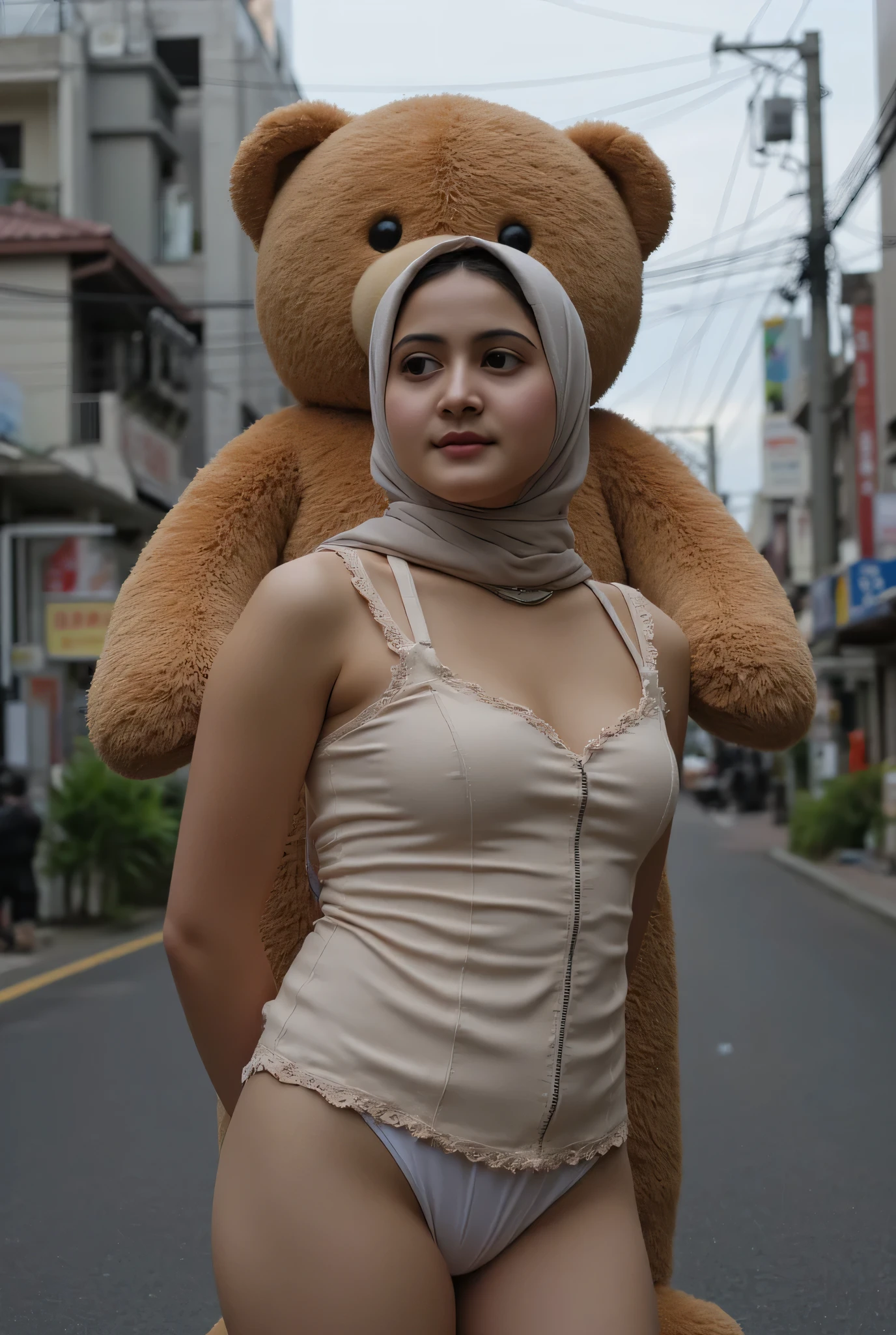 CUTIE MALAY SCARF HIJAB GIRL WEARING STRAPLESS CORSET AND THONG G-STRING, (realistic, photo-realistic:1.4), (1 FUTUNARI), medium breast, hand on hips, ((Flat Chest)), ((TEARS)). KEDUA BELAH TANGAN DILETAK DIBELAKANG PUNGGUNG' Futanari long erect penis, background Di tengah Kota Yang sepi Di negara jepun, TEDDY BEAR SANGAT BESAR MEMELUK SAYA DARI ARAH BELAKANG