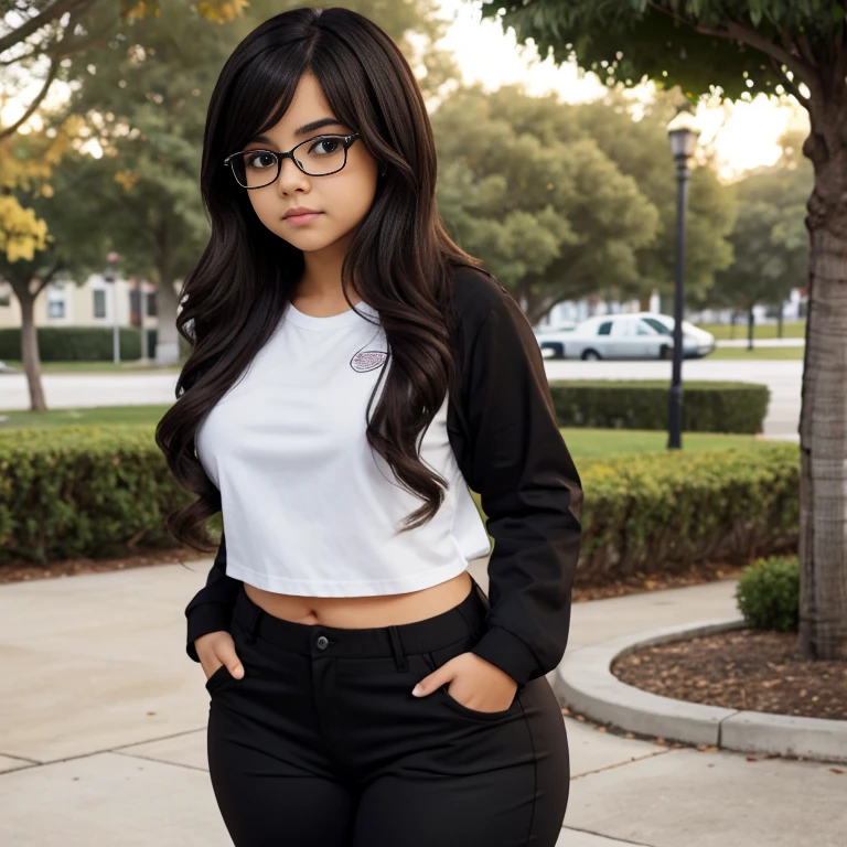 beautiful detailed, cute face, , medium black hair, black hair over one eye, glasses, long sleeve T-shirt, long pants, pearshaped wide hips, thick thighs, solo, Emo, voluptuous breasts,