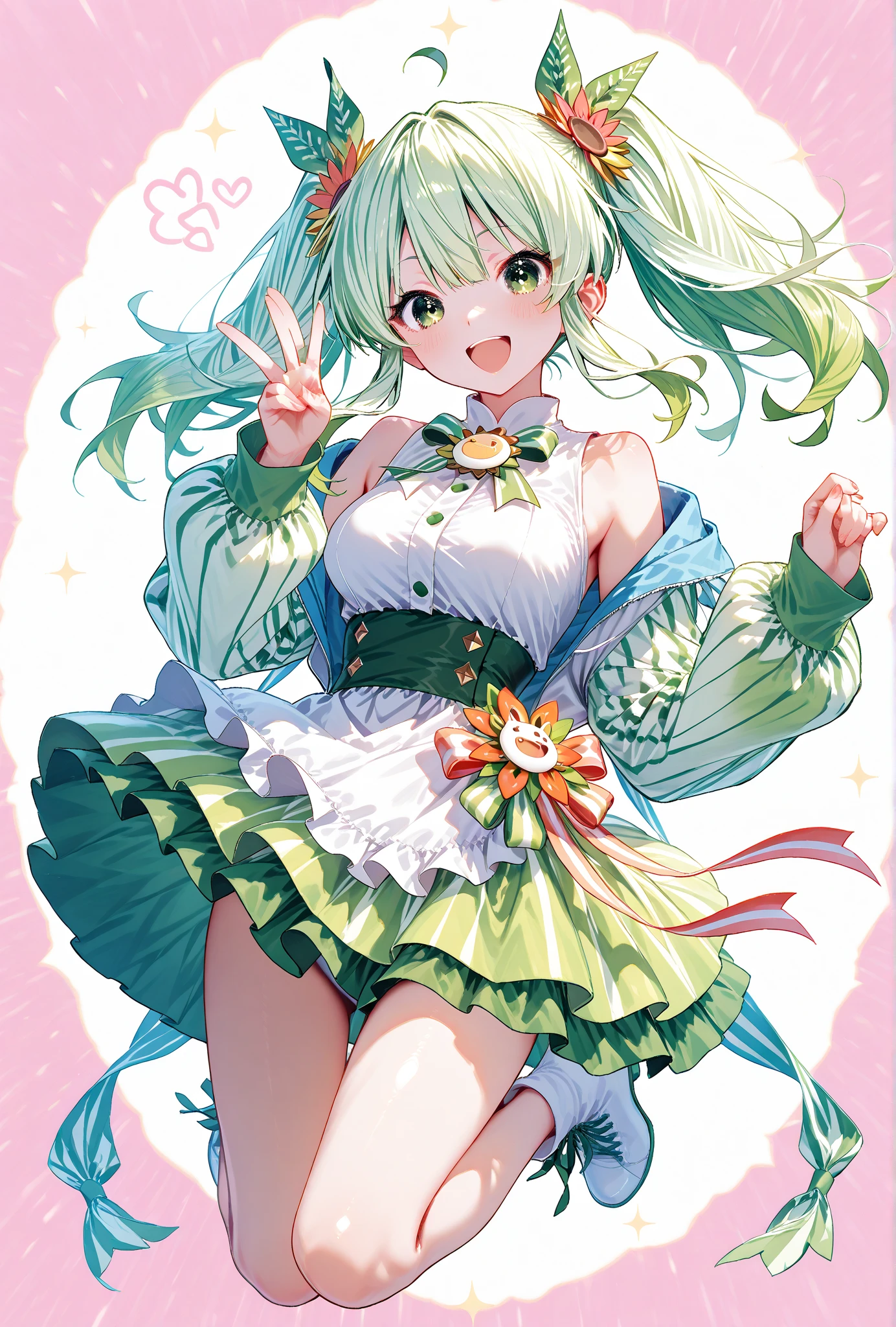 Anime girl sitting on bed in green dress，窗帘, loli in dress, seductive anime girls, wearing white clothes, cute anime waifu in a nice dress, white-haired god, shikamimi, at pixiv, Best anime 4k konachan wallpaper, Best Rated on pixiv, sakura petals around her, hajime yatate, Also exposing
