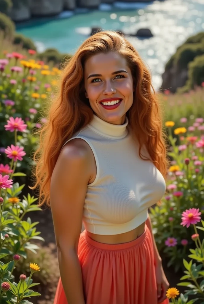 120-year-old redhead (hyperrealistic) girl (masterpiece), straight hair with bangs, silky skin, medium breasts (firm), (photorealistic), hot, red-haired girl, perfect goddess, wearing a very short pink dress (highlight on breasts) is sitting standing on m grass with the wind blowing slightly raised her dress and hair, while smiling at the camera
