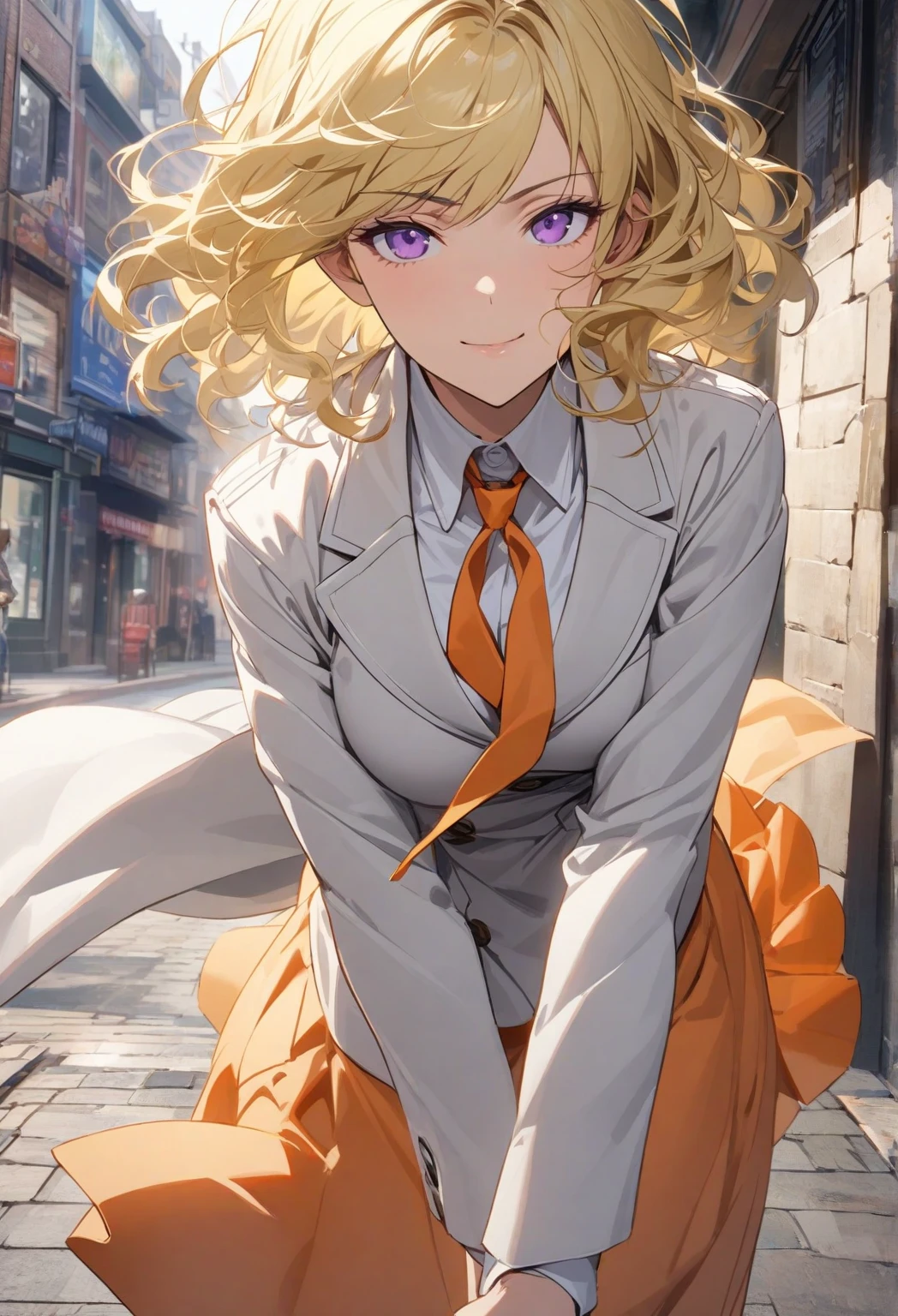 caucasian female, high school teacher, beautiful clavicle, beautiful thigh, beautiful legs, ((purple jacket, close jacket, purple tight skirt, white collared shirt), black pantyhose), purple neck ribbon, high heels, black bag, (beautiful scenery), morning, riverside, cherry blossom, standing, hands on hair, daylight, riverside, (High Resolution), (Very Detailed), (Best Photo), (Best Quality), (Ultra Detailed), (​masterpiece:1.5), very precise details,(Ultra High Resolution:1.4), the Extremely Detailed CG Unity 8K Wallpapers, highest quality, hight resolution, (Realistic, Photorealsitic, hyper realisitic:1.5), the light shines on your face, profetional lighting, anime styled, beautiful hair, detailed hair,(Detailed Face), (Beautiful Detailed Eyes), Beautiful breasts, beautiful detailed shadow, Beautiful body, Beautiful skin, beautifull hands, precise details hands, beautiful fingers, very precise detailed fingers, (Ultra-detailed face, Detailed eyes:1.4), beautiful eyebrows, cool eyebrows, (Aesthetic Anime Eyes:1.4), (Light from the front :1.4), (1girl in:1.4),(Solo:1.4), (Mature face and body), (Beautiful cute face), (beautiful female lips), Charming, looks at the camera with a gentle smile, standing, hands on hair, (lovely smile, upper eyes, open mouth), earrings glossy lips, (juicy female lips), perfect female body, Beautiful waist, beautiful long eyelashes , Shiny skin, tilt her head, 30year old, mature female, Kurapika, 1girl, ((scarlet eyes)), blonde hair, ((bob hair)), flowing hair, fluttering hair, long legs, very huge breasts, long breasts, saggy breasts, hips wider than shoulders, wide hips, pelvic curtain, beautiful thighs, thick thighs, garnet earrings, white shirt (pantyhose:1.3), brown pantyhose, black high heels, pumps, full body