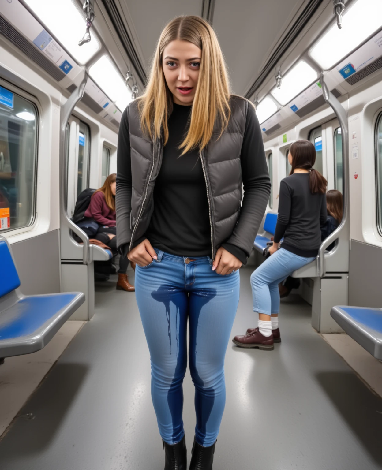 A female teacher pees on a crowded train、peeing herself、incontinence、人混みで身動きが取れずincontinence、A large amount of pee makes the lower half of the body very wet、White suit、Perfect figure、Extremely beautiful、The floor gets wet with pee、Female teacher is embarrassed
