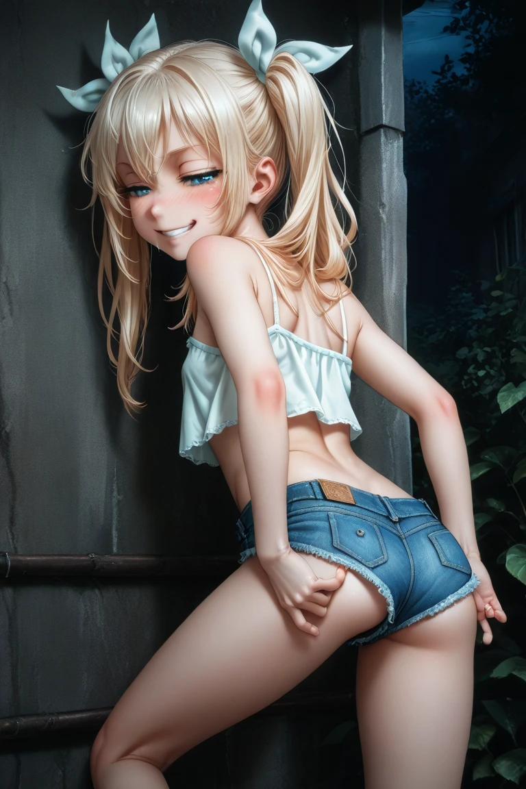 NSFW, 1girl in, With bangs, a pixie cut, Outer Winding、blonde hair, twin tail, A smile, embarrassed from, red blush, hard :1.4, (Nipple sheer:1.4), (small tits), maikurobikini, (Hard indentation into the crotch), full body Esbian, Squat, Squatting on the ground, Opening legs, open one's legs, Thrust your hips, high-heels, hands behind head, armpit pose, on back, City Background, perfect eyes, perfect hand, 超A high resolution, Movie angle, profetional lighting, top-quality, masterpiece, side lights, sharp, Perfect focus, bokeh dof, Photorealsitic, (Beautiful eye for fine details:1.3), realisitic, (3D Face:1.1), (shinny skin:1.5), (Complex facial details in ultra-high resolution), (Pores on the skin of the face:1.3), Ultra-high resolution fabric texture、8k eye details、8K pupil、