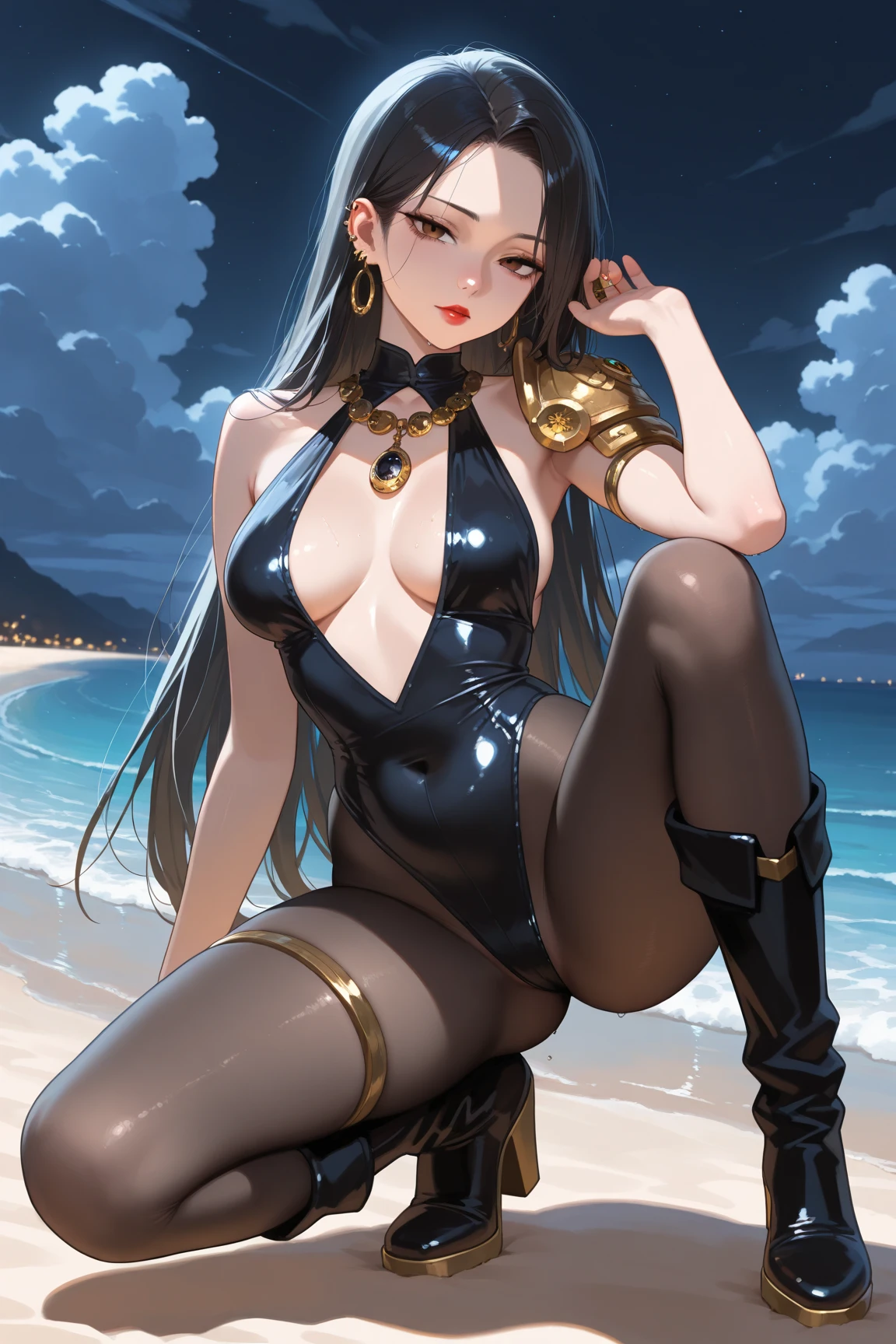 (Masterpiece), ((best quality)), 1girl, (laying down), (black dress), corset, black hair, (high pigtails), long hair, cat ears, pink eyes, smirk, ((big breasts)), ((wide hips)), sunset, beach