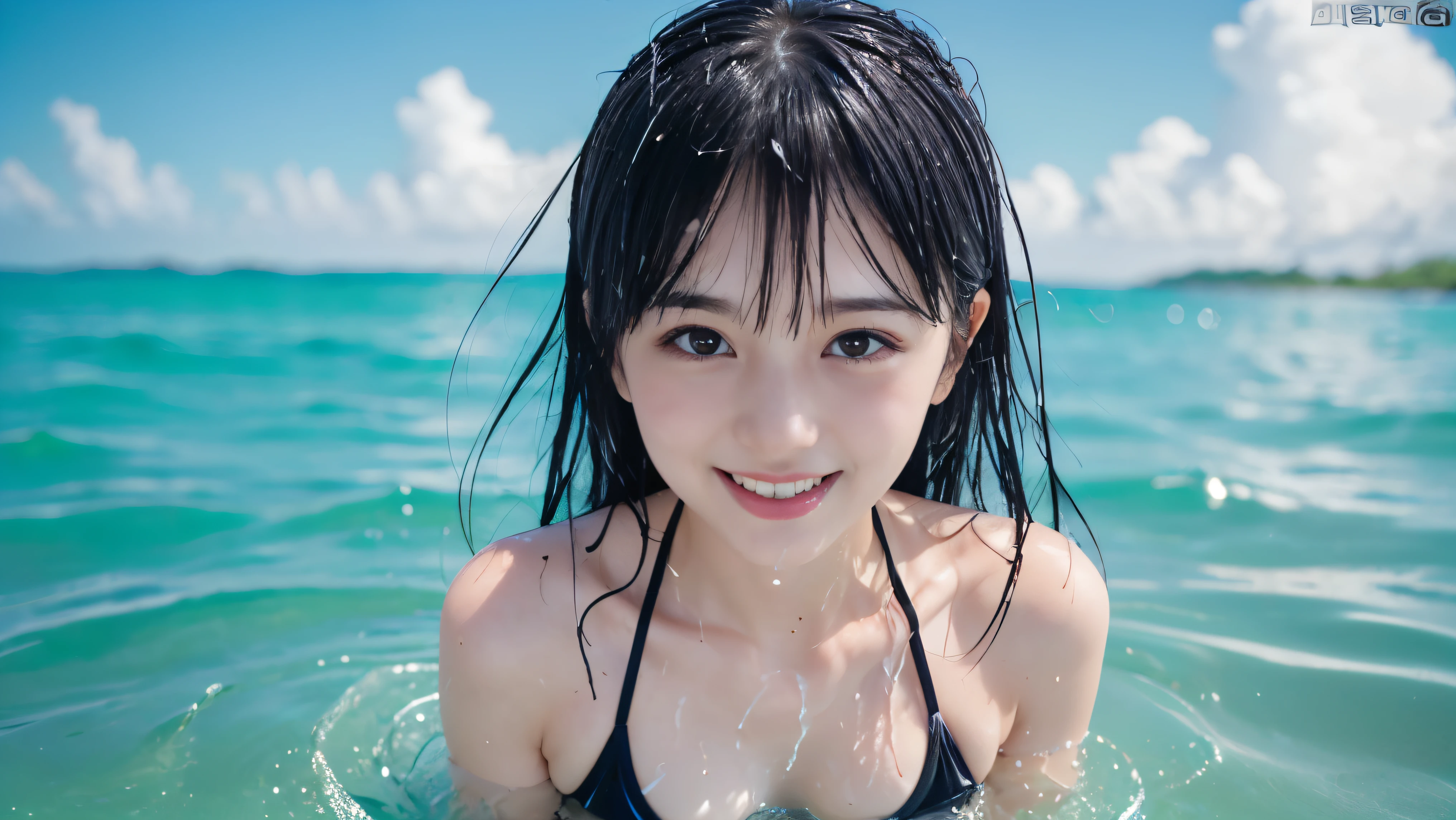 masutepiece, Best Quality, Illustration, Ultra-detailed, finely detail, hight resolution, 8K Wallpaper, Composition including perfect whole body, Beautiful detailed eyes, ((Random and cute micro bikini:1.2)),((Wet body:1.5))、 Random and cute hairstyles, Big breasts that seem to stick out of a swimsuit, Natural Color Lip,Beach, Random and cute poses,((A big smile that makes you squint)),((breastsout、under look eyes、Mole on the arm:0.9))、((short-cut))、((Frontal camera work:1.5))、((wet face)),(()),(())、((sea side))、((:1.2)),((T-back underwear))、Hugging a blue beach ball
