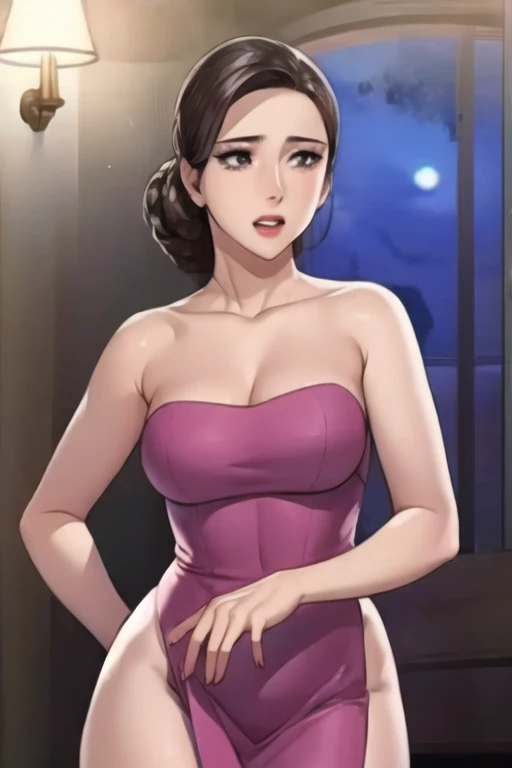 Hyper realistic super detailed sexy (Aunt June (Secret Class)), Very detailed, expressions faciales sexy, seductive facial expressions, [:(Face detail: 1.4): 0.4], 16K resolution, 4k resolution, dinamic lighting, High definition resolution, (hyper realistic: 1.4),(contrasting background: 1.5), (Anatomy of the hyperrealistic arm), (Hyperrealistic anatomy of the legs), (peau propre), (lighting cinematic: 1.7), (intime), (Technologie NVIDIA RTX Ray Tracing), (Anatomy of the hyperrealistic arm: 2), (Ventre plat parfait), (image couleur),  (Aunt June (Secret Class)), medium breasts , mature female, horny ,16k, glowing eyes, detailed 4k eyes, seduction,sexy lips, parted lips,detailed lips, red lips, high, ((big purple eyes)), detailed face, shiny skin, auntjunev3, auntjune, hair bun, bangs, messy hair ,  medium breasts, brown pantyhose, pantyhose, thighs, dress, red dress, sleeveless dress, collarbone, looking at viewer , masterpiece, best quality, highly detailed, desire, blush, perfect hands, blush, shy, tight gap, skindentation