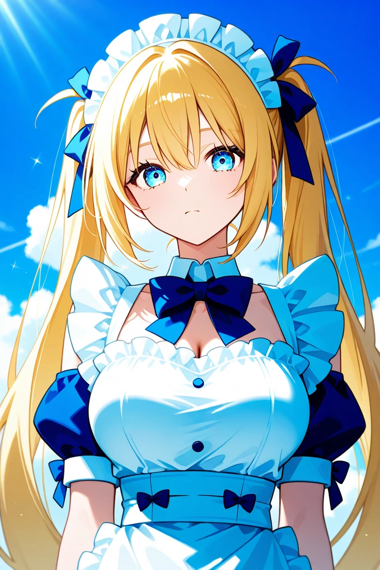 flonne \(angel\), long hair, large breasts, innocent face, breast focus, blue ribbon, blue eyes, deep cleavage