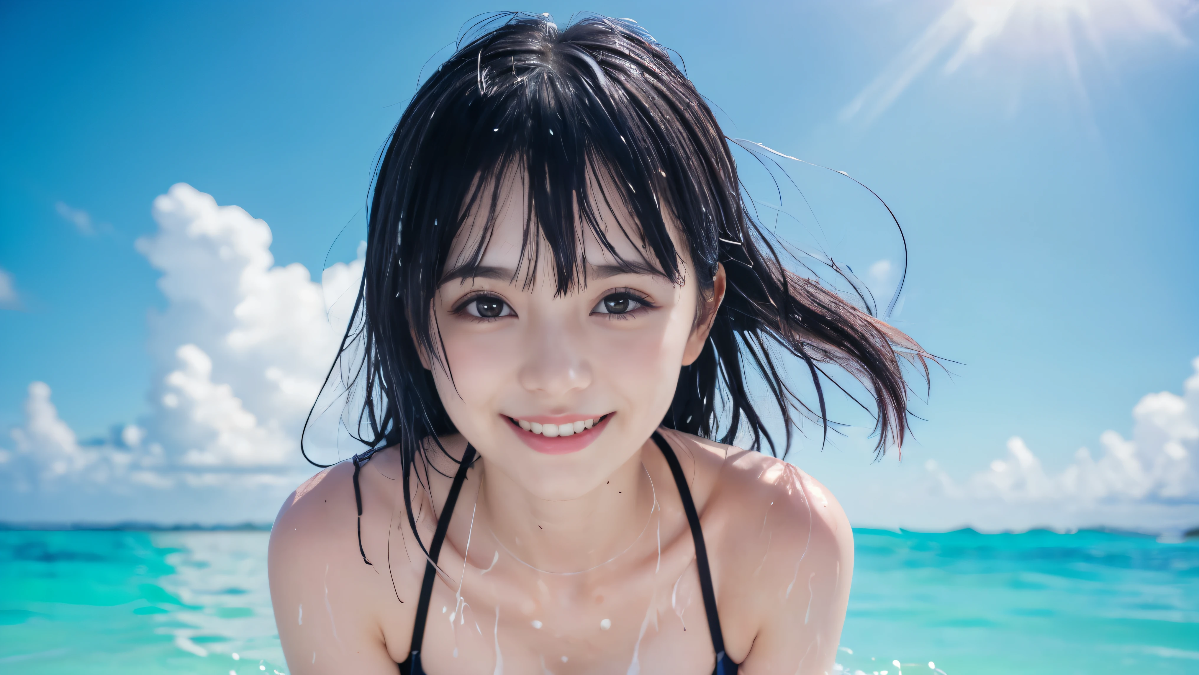 (Highest quality,masterpiece:1.3,Ultra-high resolution),(Very detailed,Caustics,8K),(Realistic:1.4,RAW shooting),(Smiling girls splashing water on each other),Japanese,18-year-old,cute,Black Short Hair,(big ),Bikini Swimwear,(Face Focus),(Face close-up),(Bust up shot),(Low position),(Low Angle),Clear and beautiful sea,Beach,sun,strong sunlight,Lens flare,Natural light,Professional Writing