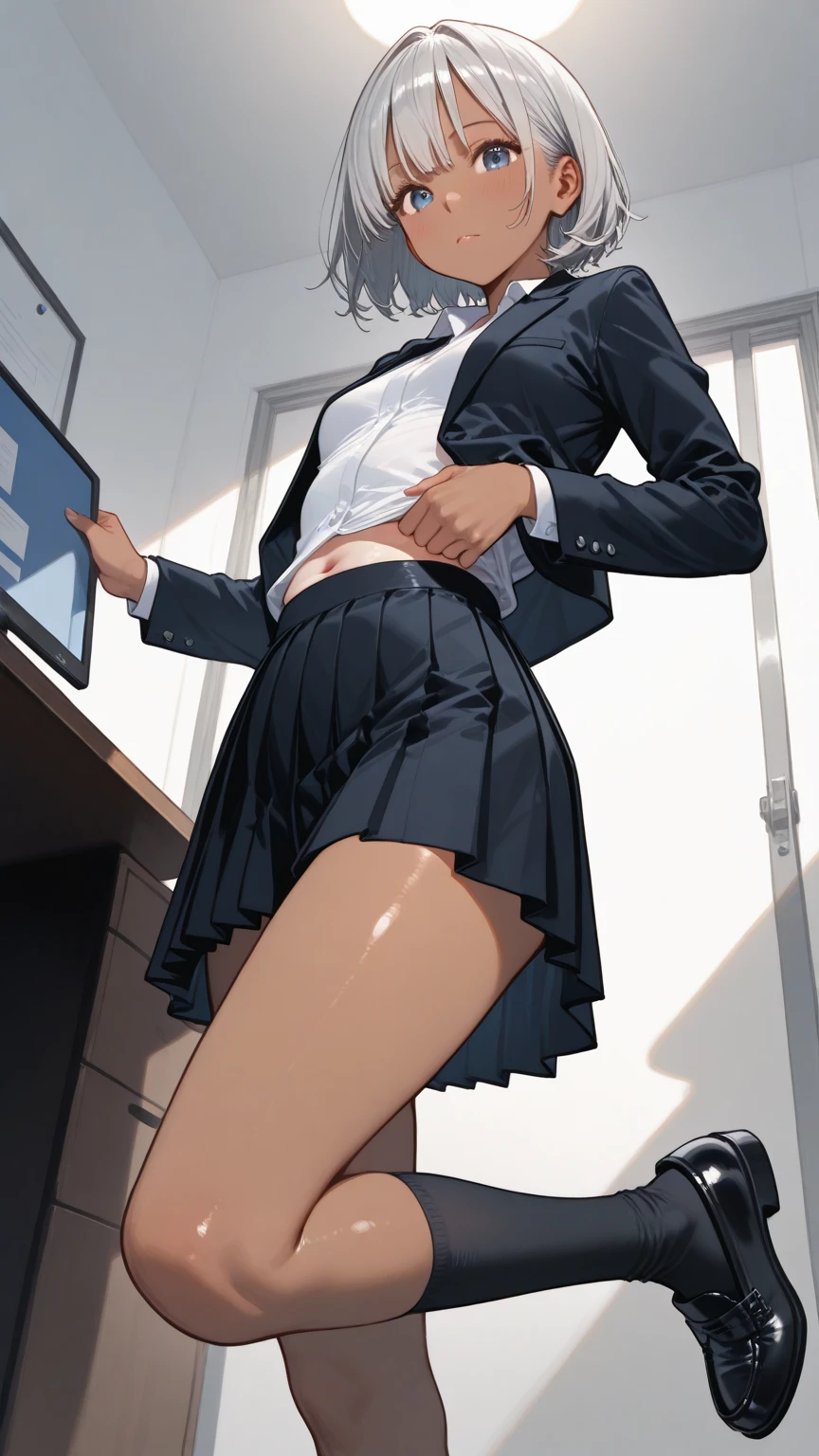 tmasterpiece, Best quality at best, finely detailled, 1girll, (blone hair), (a beauty girl), lovly, (greeneyes), (eyeslashes)(white shirt:1.2), (open shirts),Flushed complexion,office room,black lence stockings,Bigchest