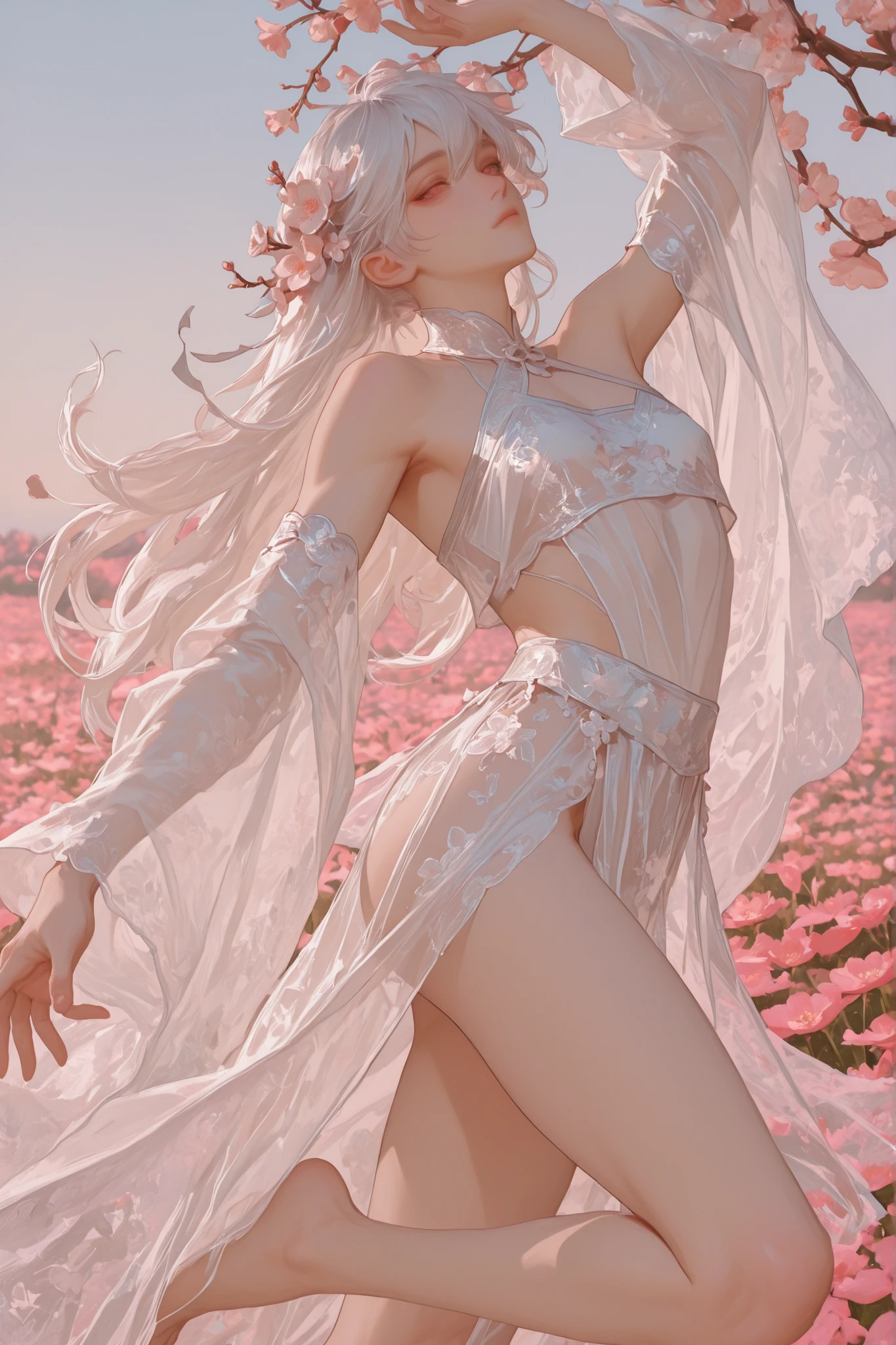 watercolor, masterpiece, best quality, high resolution, asain girl, full body, profile, solo, beautiful face, pink and long hair, earrings, hair ornament, white dress, bow, twintails, open mouth, smile, bare shoulders, medium breasts, flying, bare and bent legs, without shoes, flowers, petals, colorful, gorgeous clouds