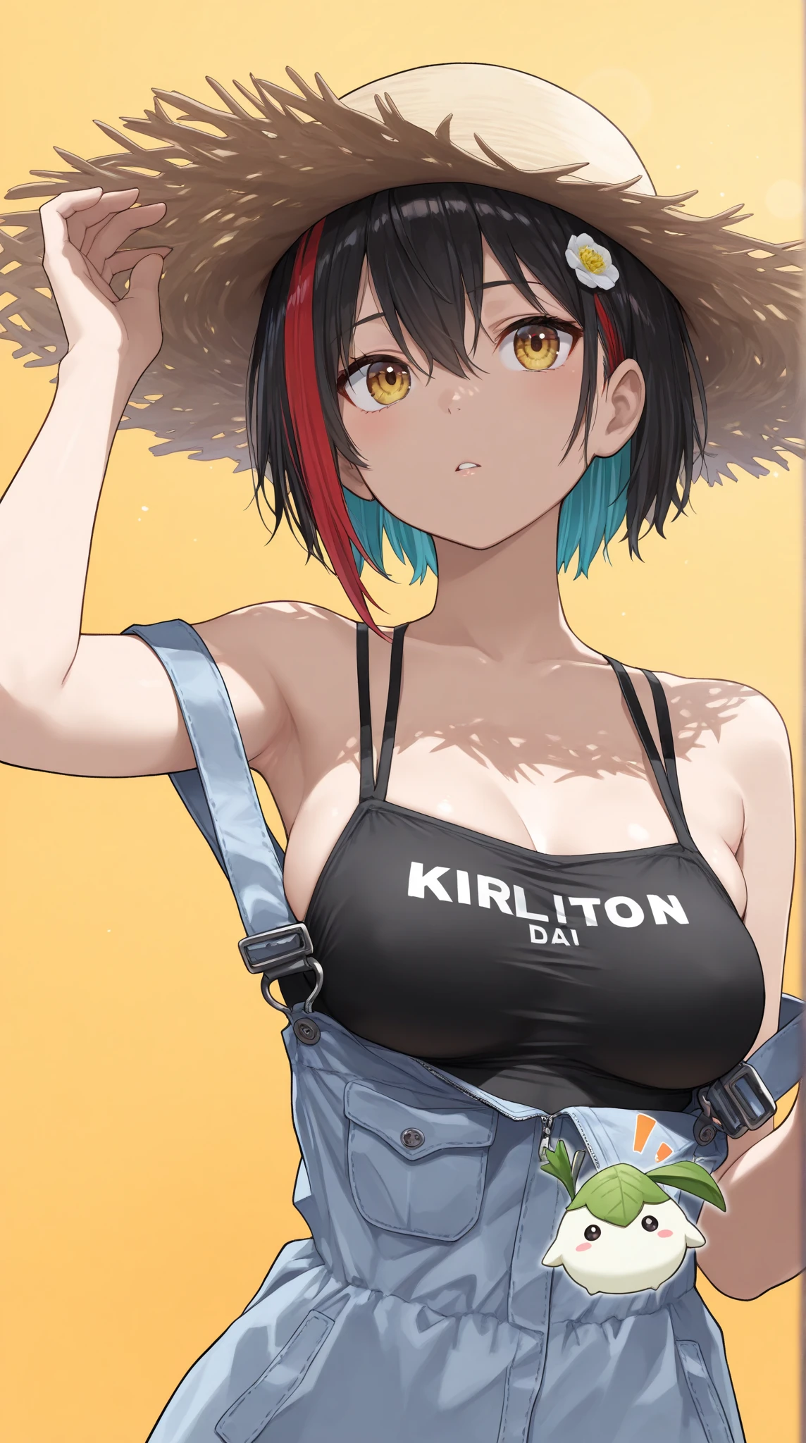 Anthropomorphic Daikonが釣りをして,ため池で,cinematic, (masterpiece), (top quality), (Super Detailed), very aesthetic,  watercolor illustration, The realistic illustration, Perfect configuration, complicated details, very high resolution, detailed faces with ofisu, (Anime, masterpiece, complicated:1.3), (top quality, high res texture, Highly detailed:1.2), (4K),(Incredibly Detailed:1.4),detailed eyes, irises, Real Shadow, Anthropomorphic Daikon,twisty,  This image shows a daikon wearing a straw hat and a black top, both are decorated with bright things, With a colorful floral pattern.  with bright yellow background , and the radish has multicolored hair, The background is a field