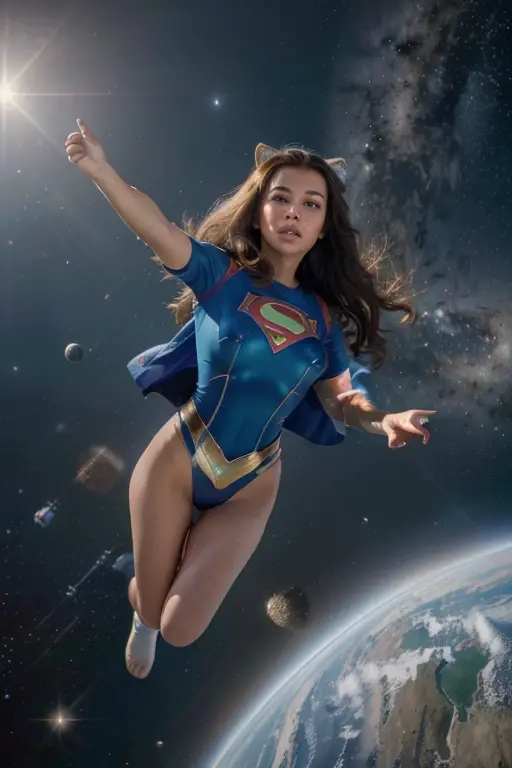 (best quality,4k,8k,highres,masterpiece:1.2),ultra-detailed,(realistic,photorealistic,photo-realistic:1.37),space warrior,super girl,super cat,cute girl and cute cat flying in the sky,round and beautiful blue earth, vastness of the universe, illustrations, vivid colors, bokeh